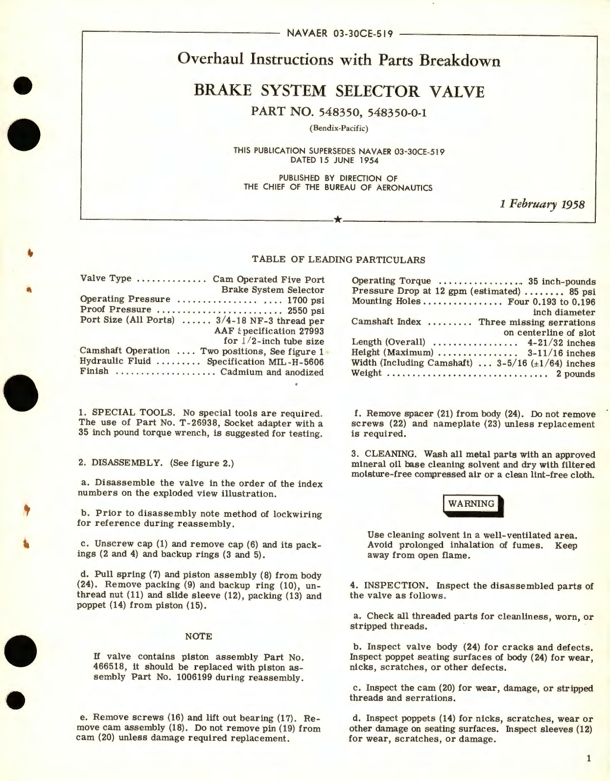 Sample page 1 from AirCorps Library document: Overhaul Instructions with Parts Breakdown for Brake System Selector Valve Part No.54835