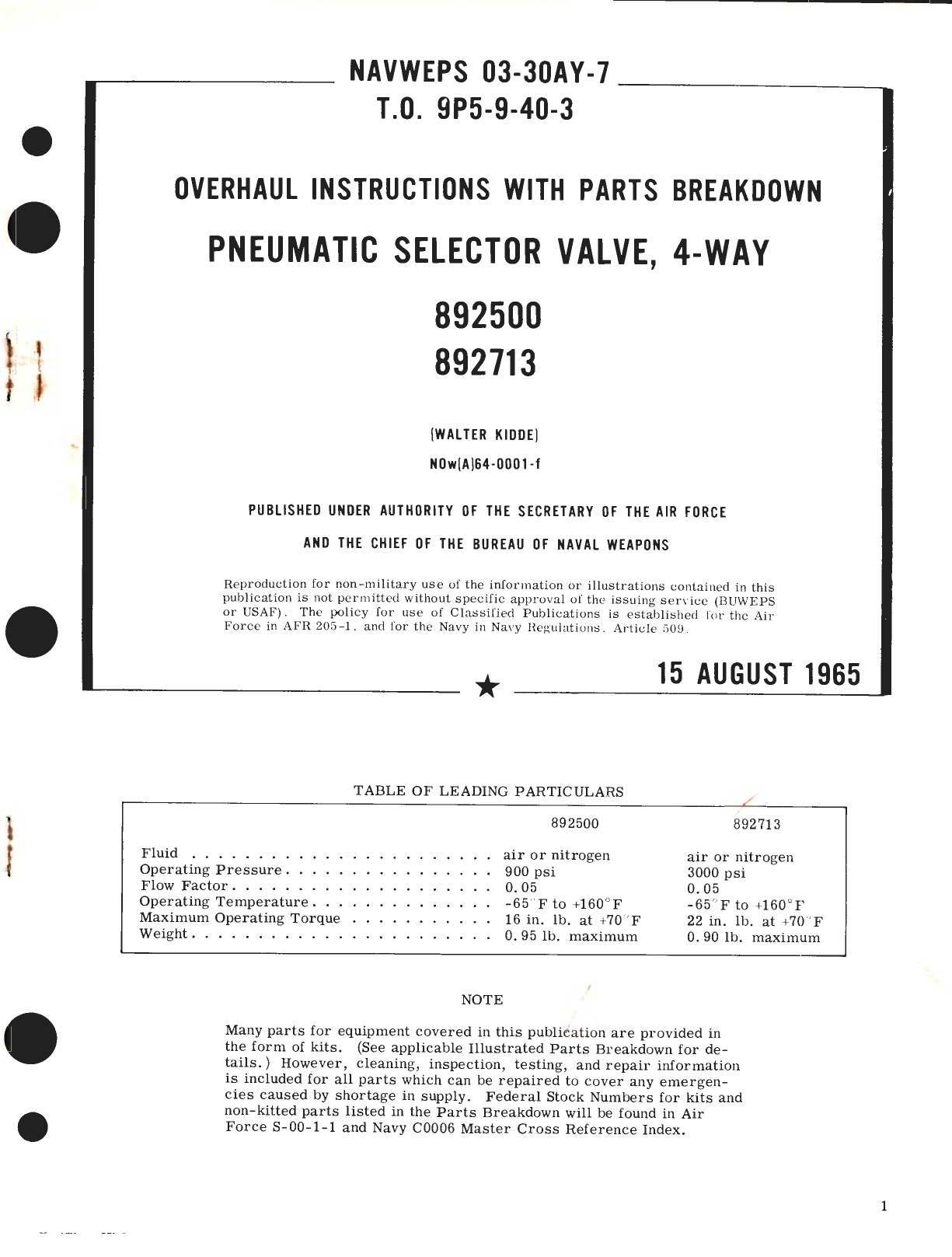 Sample page 1 from AirCorps Library document: Overhaul Instructions with Parts Breakdown Pneumatic Selector Valve, 4-Way Part No. 892500, 892713 