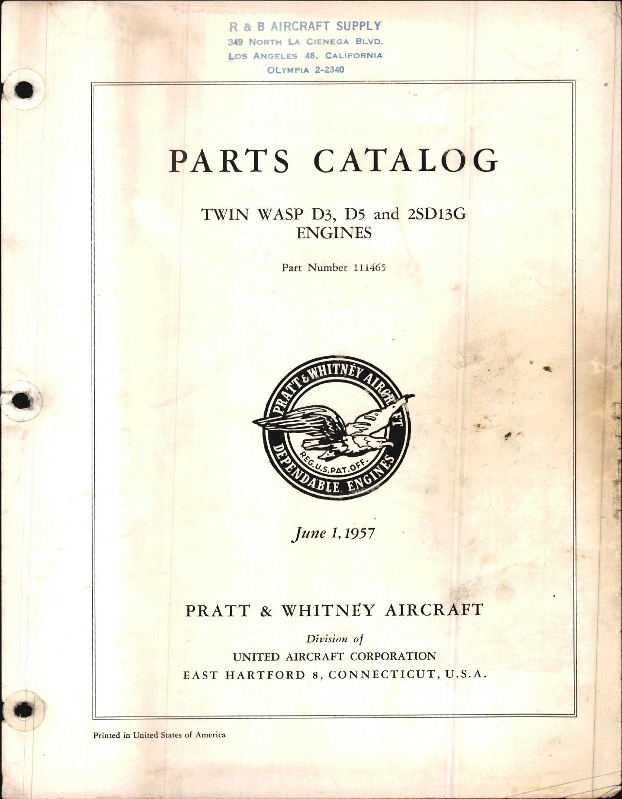 Sample page 1 from AirCorps Library document: Parts Catalog for Twin Wasp D3, D5, and 2SD13G