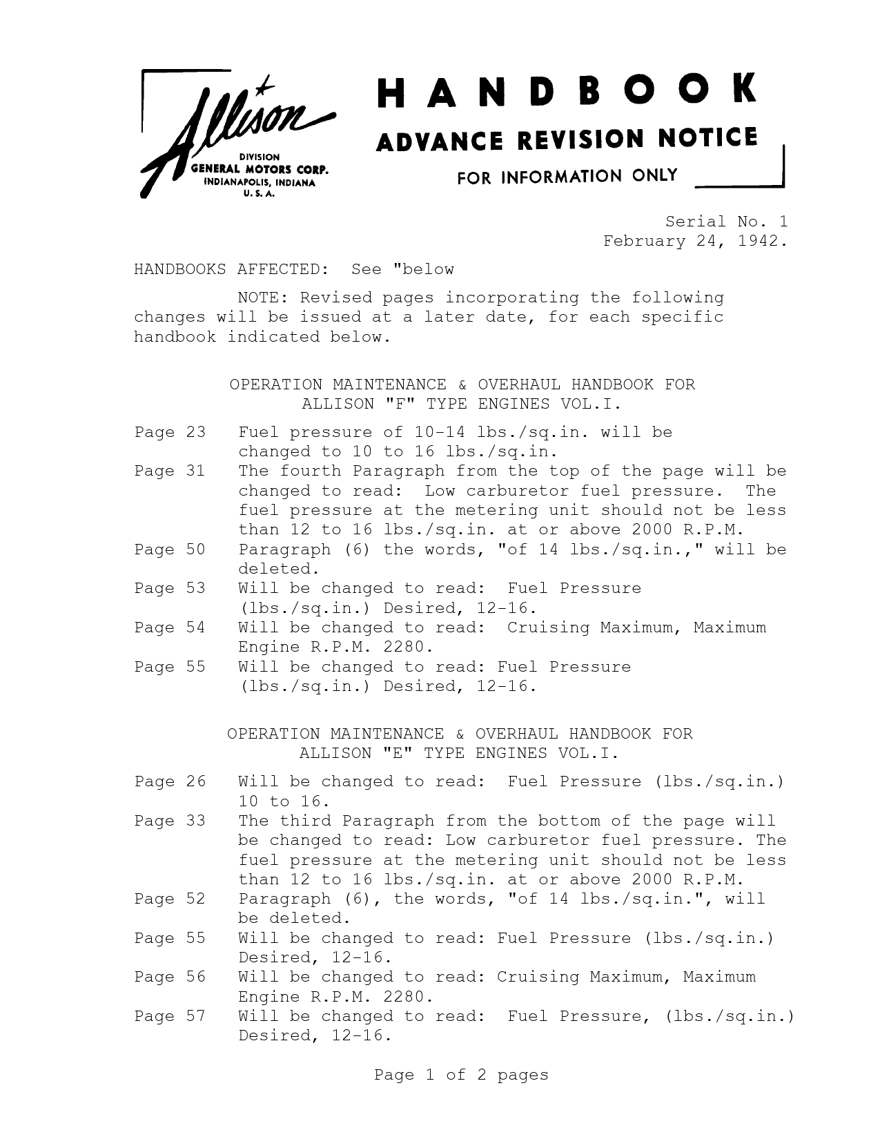 Sample page 1 from AirCorps Library document: Multi Handbook Revision Notice - Vol 1