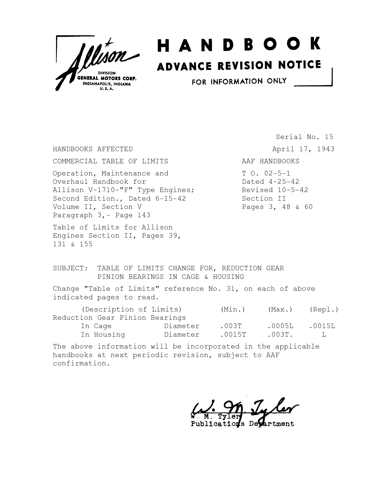 Sample page 1 from AirCorps Library document: Table of Limits Change, Reduction Gear Pinion Bearings in Cage and Housing