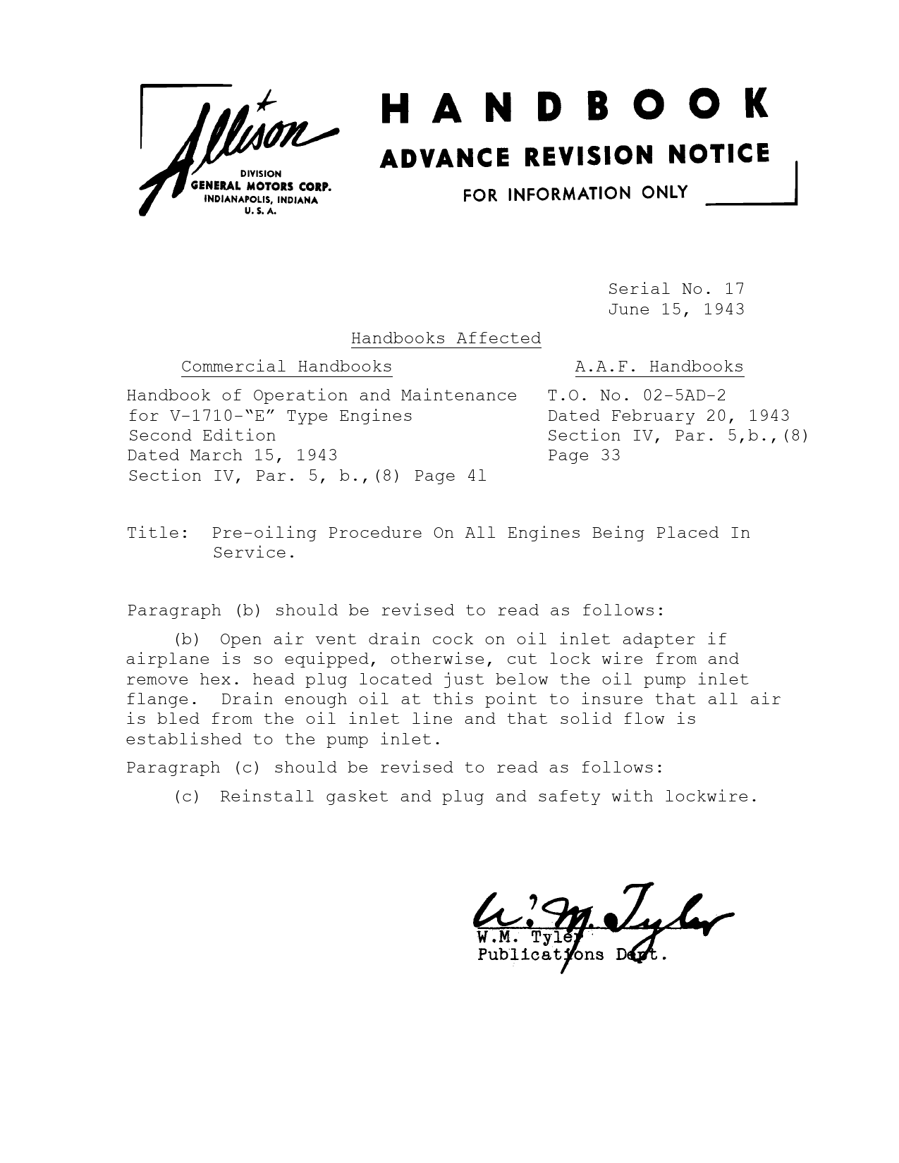 Sample page 1 from AirCorps Library document: Pre-Oiling Procedure on all Engines Placed in Service