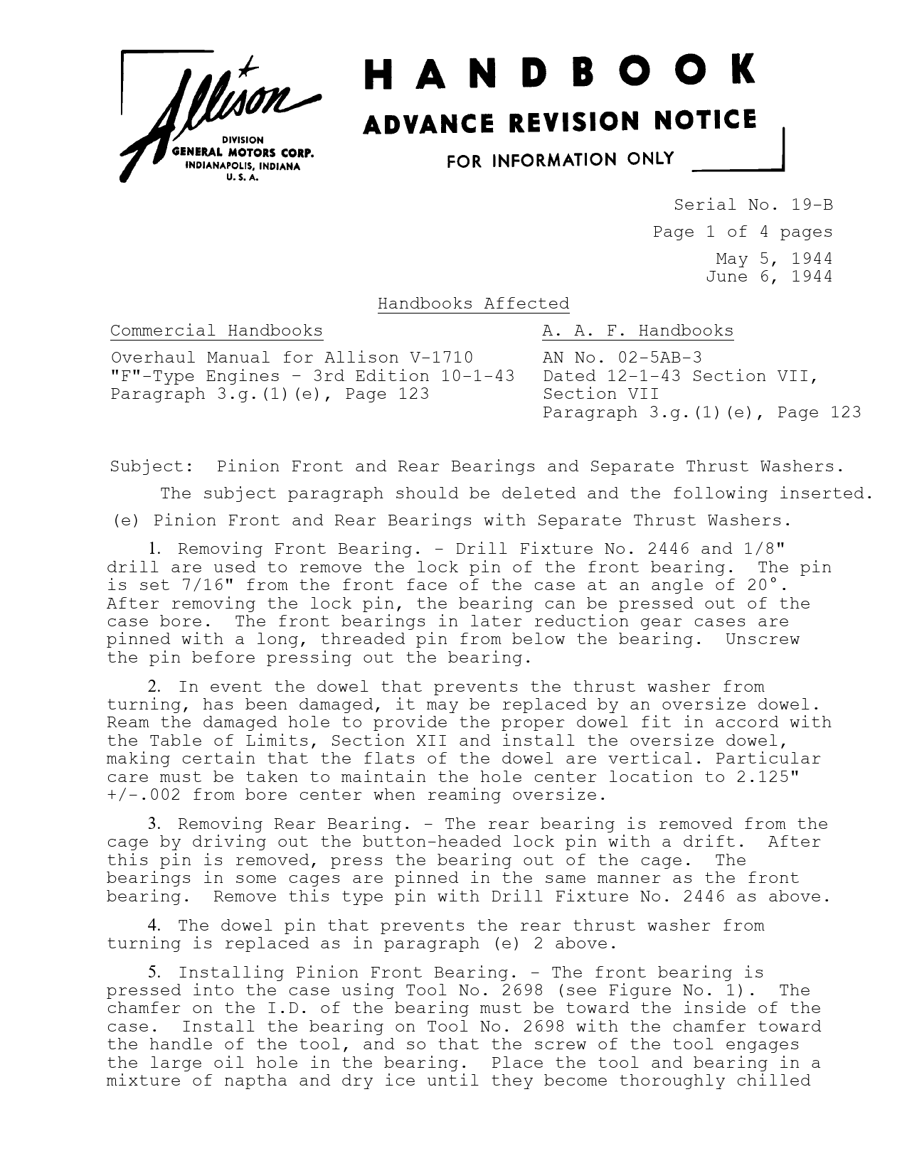 Sample page 1 from AirCorps Library document: Pinion Front & Rear Bearings and Separate Thrust Washers