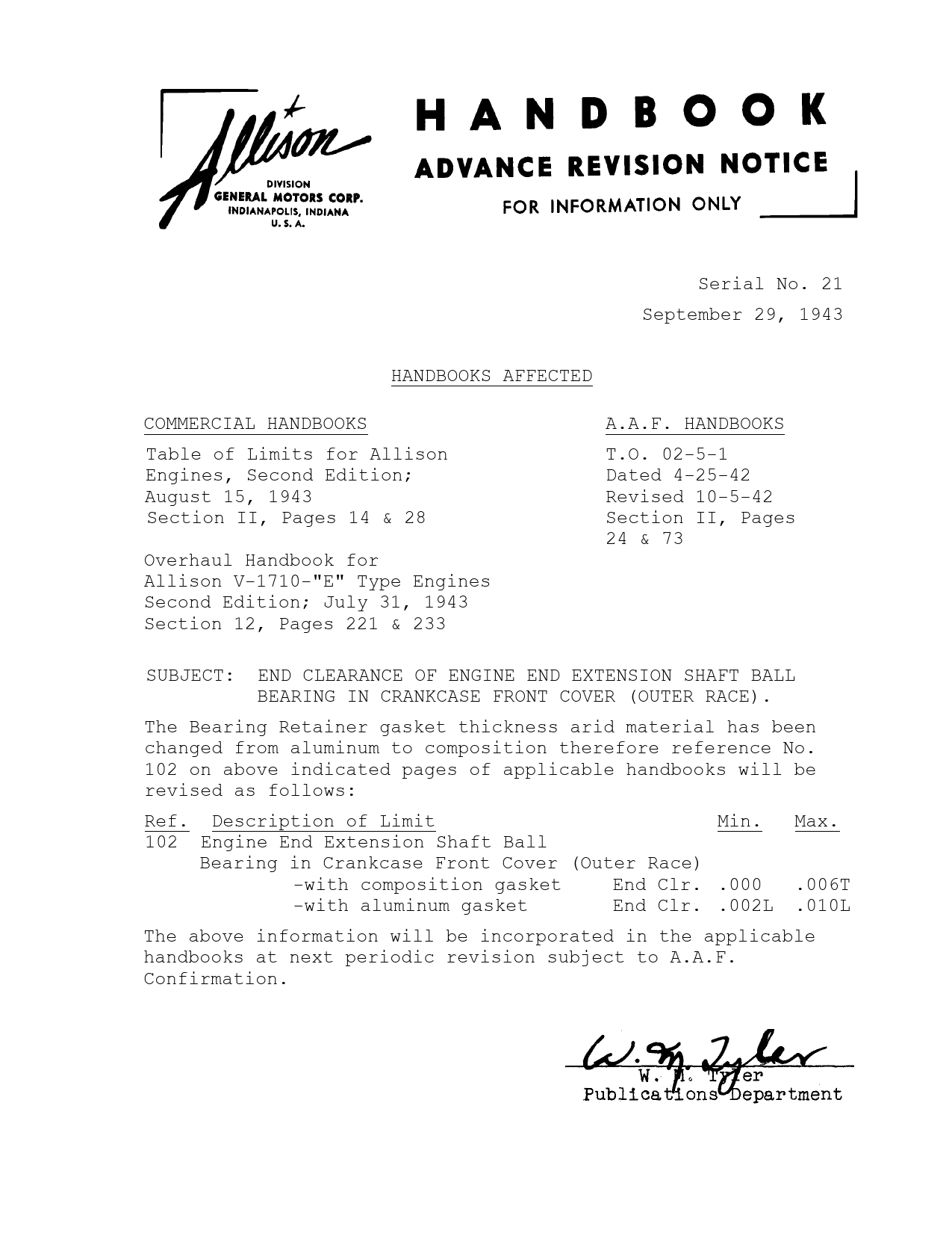 Sample page 1 from AirCorps Library document: End Clearance of Engine and Extension Shaft Ball Bearing in Crankcase Front Cover (Outer Race)