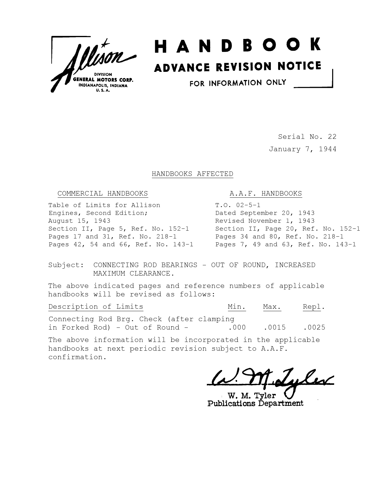 Sample page 1 from AirCorps Library document: Connecting Rod Bearings - Out of Round, Increased Max Clearance