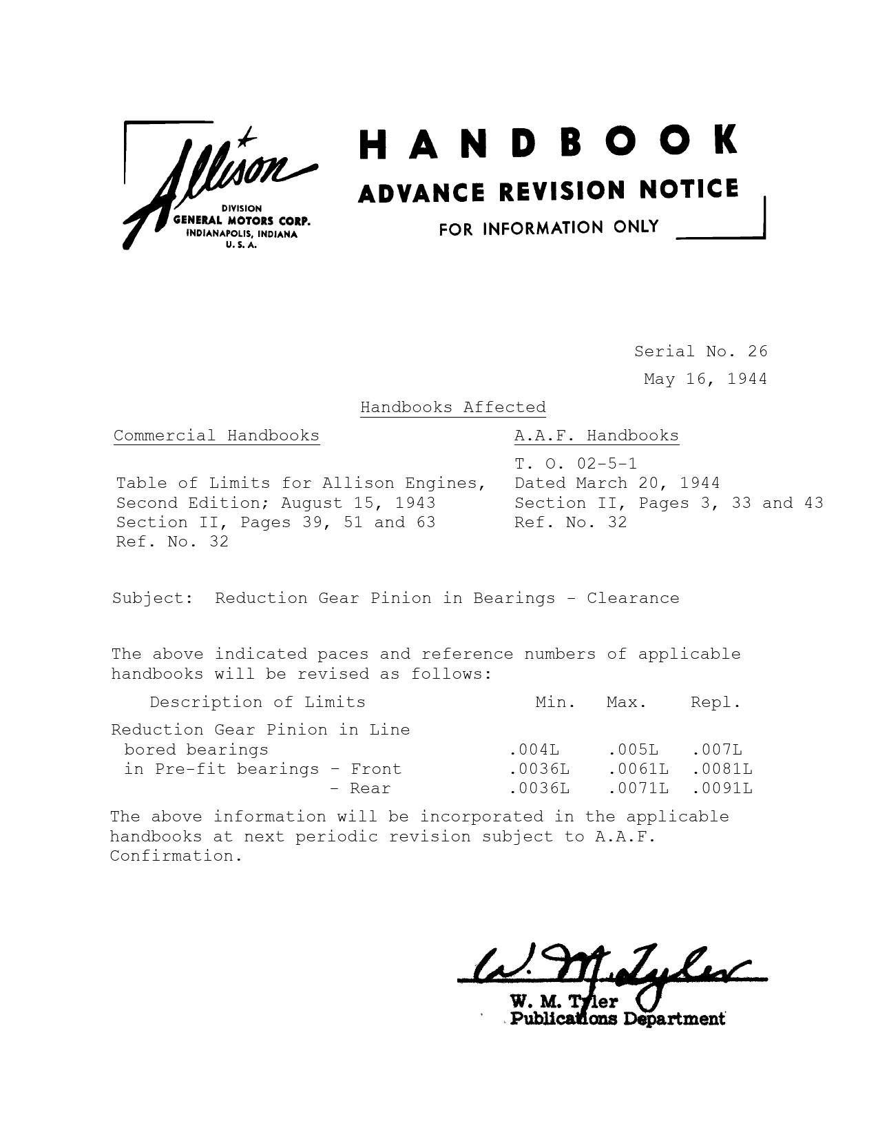 Sample page 1 from AirCorps Library document: Reduction Gear Pinion in Bearings - Clearance