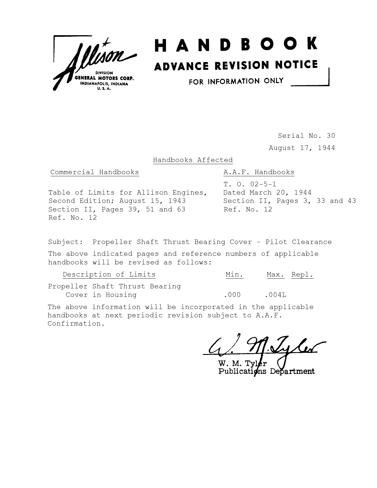 Sample page 1 from AirCorps Library document: Propeller Shaft Thrust Bearing - Pilot Clearance