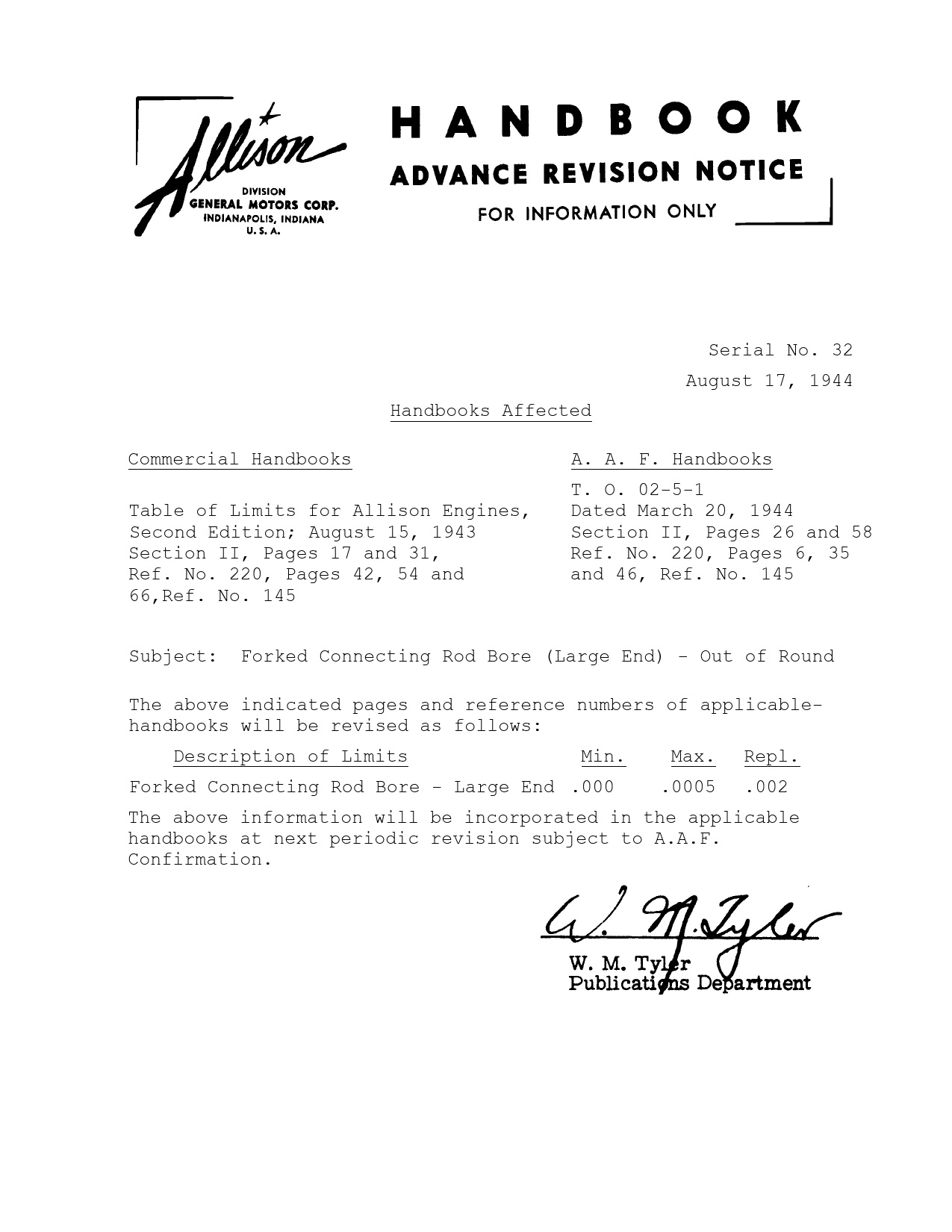 Sample page 1 from AirCorps Library document: Forked Connecting Rod Bore (Large End) - Out of Round