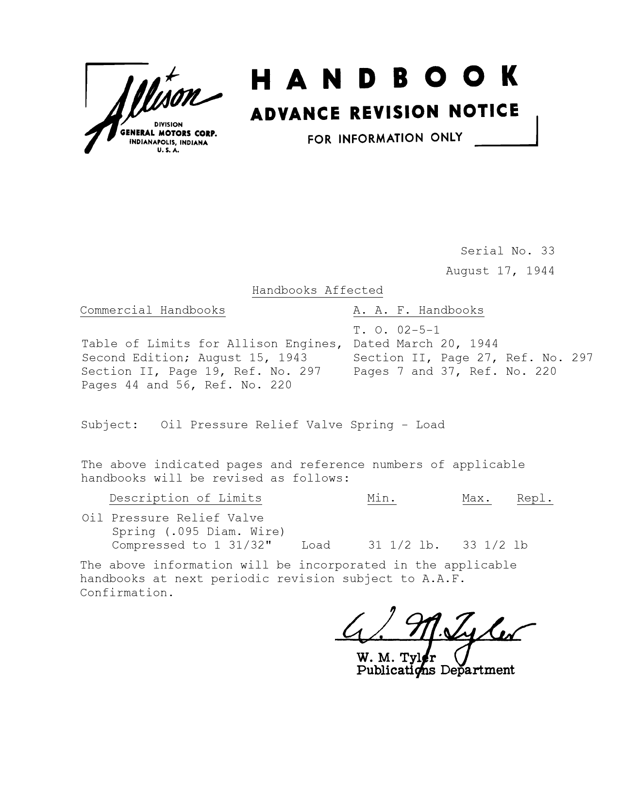 Sample page 1 from AirCorps Library document: Oil Pressure Relief Valve Spring - Load