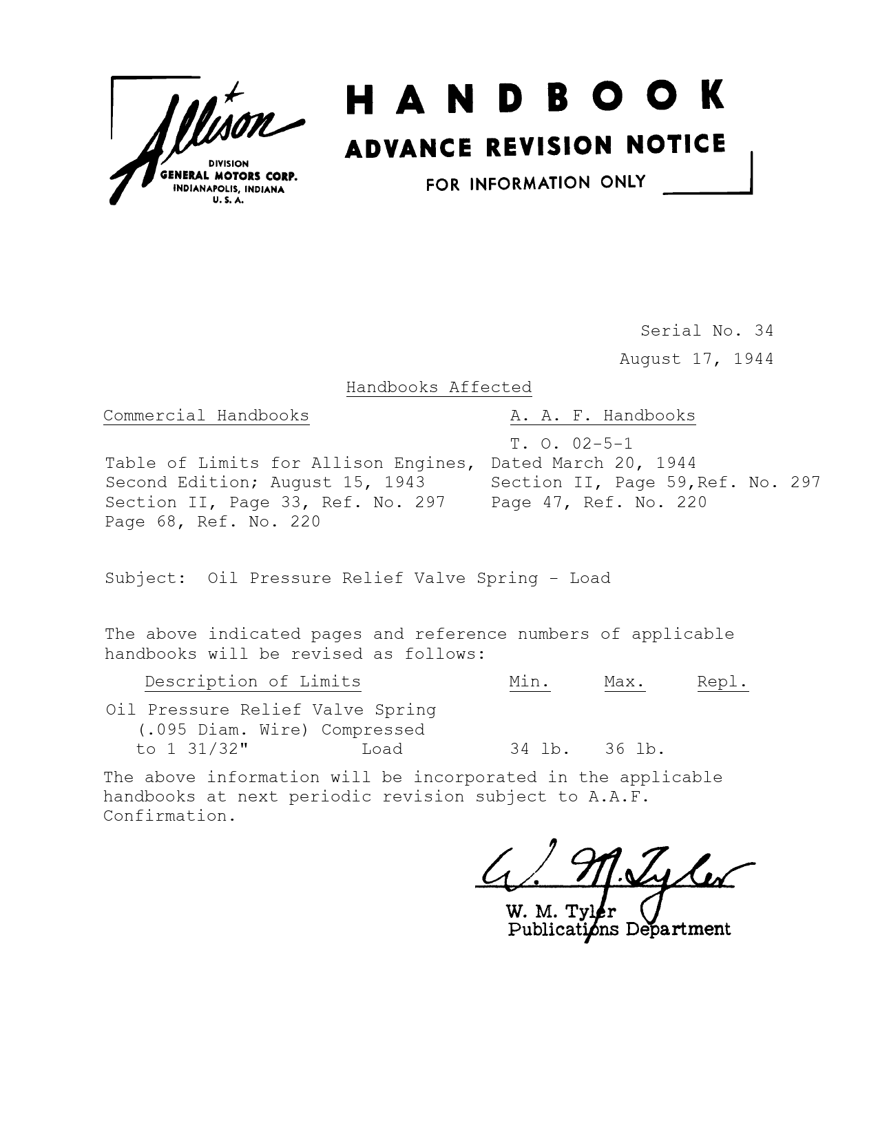 Sample page 1 from AirCorps Library document: Oil Pressure Relief Valve Spring - Load