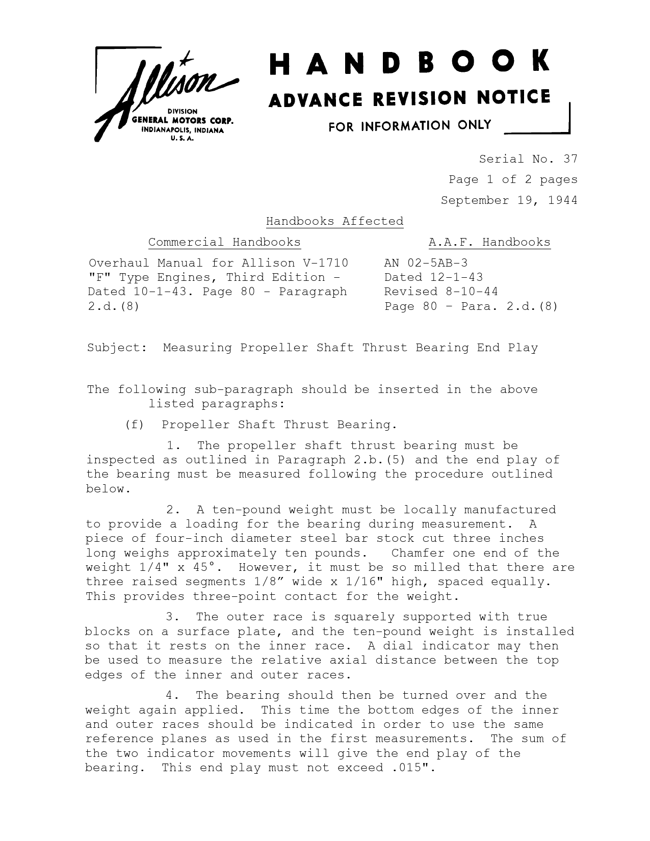 Sample page 1 from AirCorps Library document: Measuring Propeller Shaft Thrust Bearing End Play