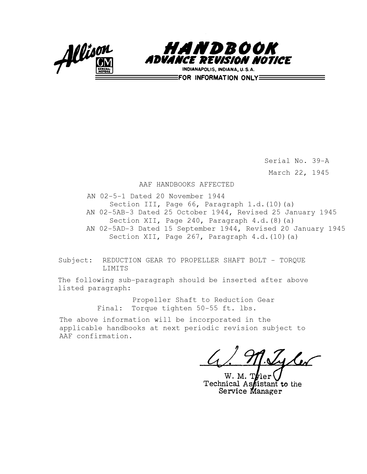 Sample page 1 from AirCorps Library document: Reduction Gear to Propeller Shaft Bolt - Torque Limits