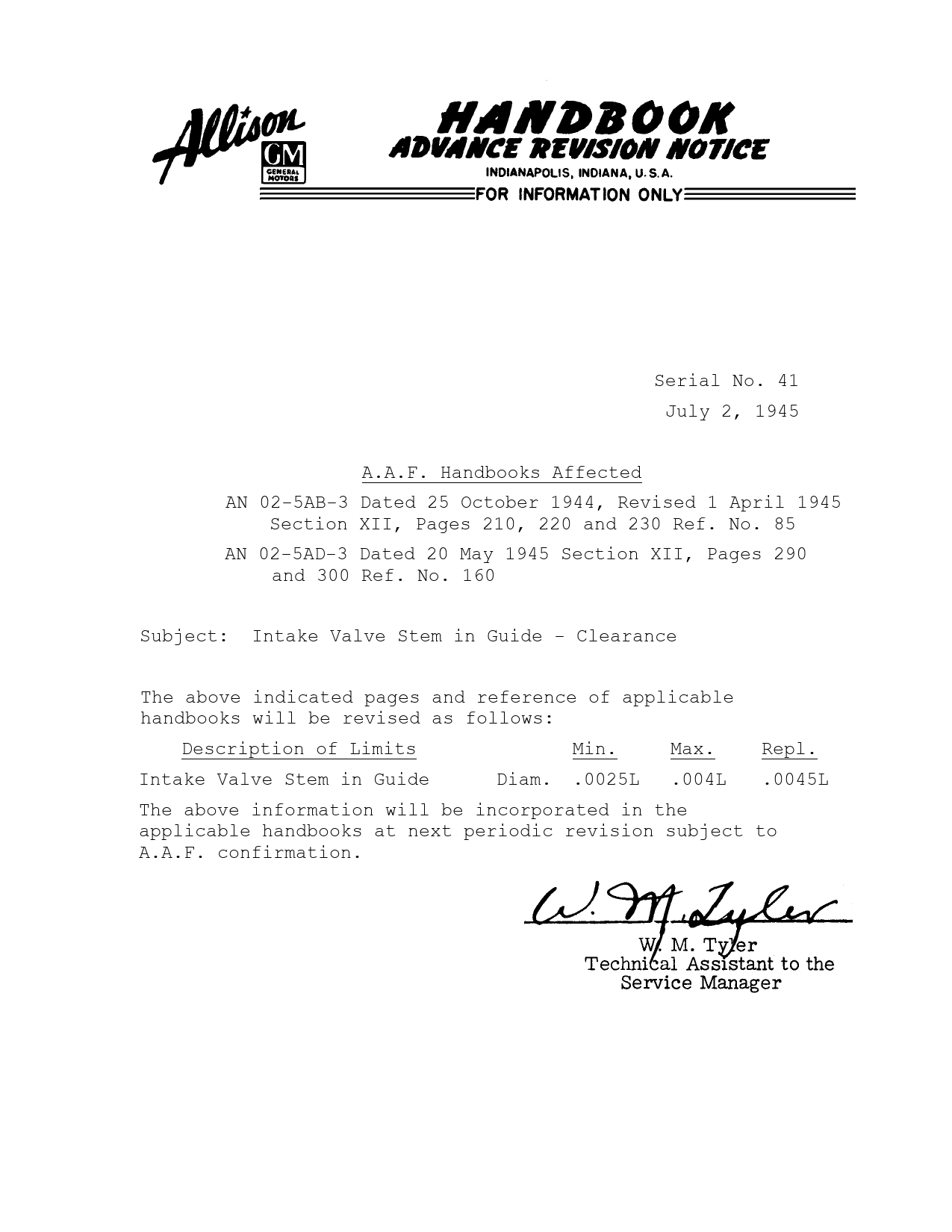 Sample page 1 from AirCorps Library document: Intake Valve Stem in Guide - Clearance