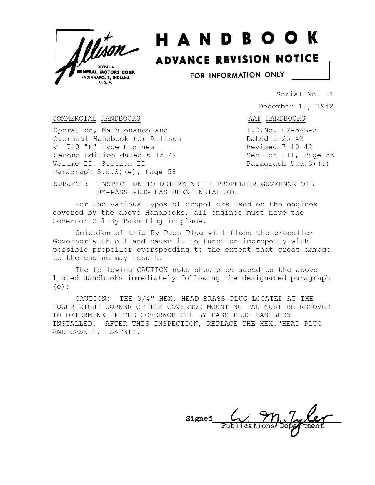 Sample page 1 from AirCorps Library document: Inspection to Determine Propeller Governor Oil By-Pass Plus Installation