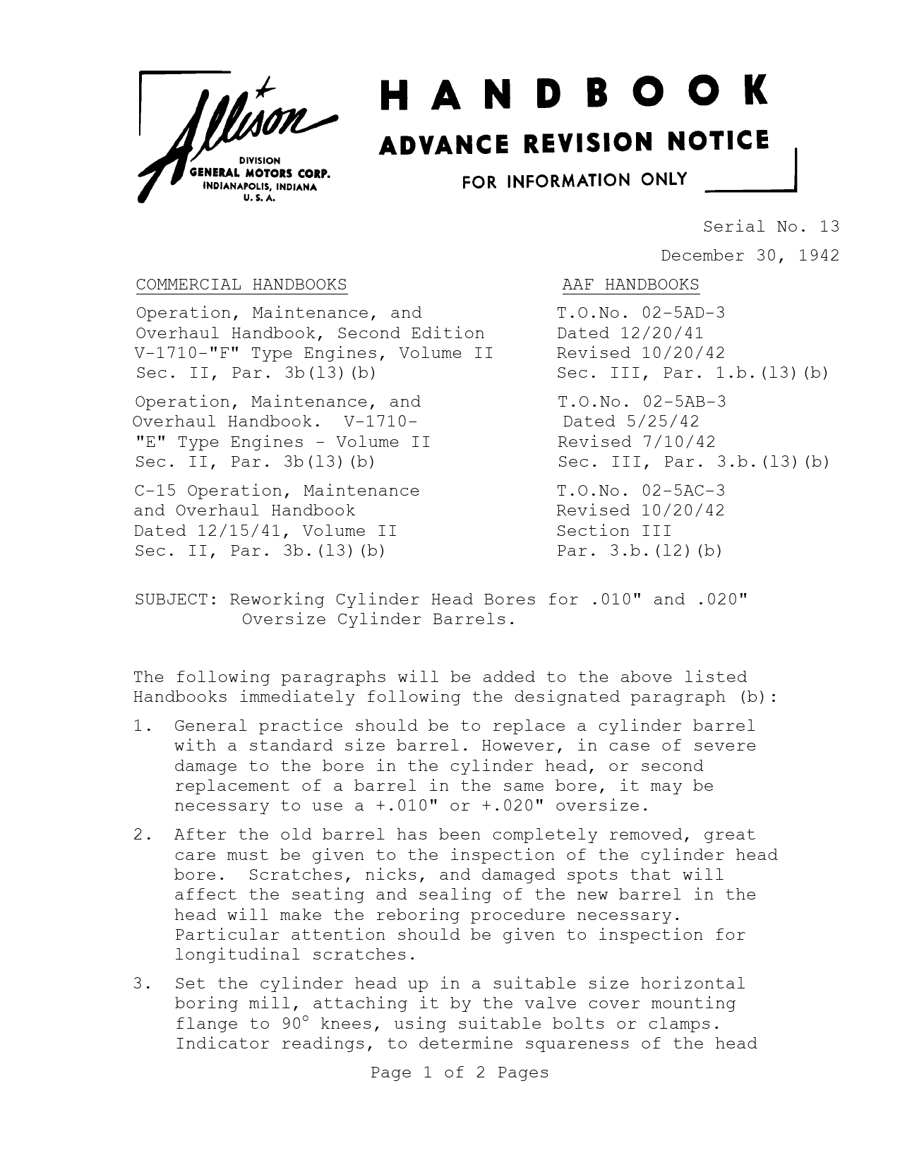 Sample page 1 from AirCorps Library document: Reworking Cylinder Head Bores for .010 & .020 Oversize Cylinder Barrels