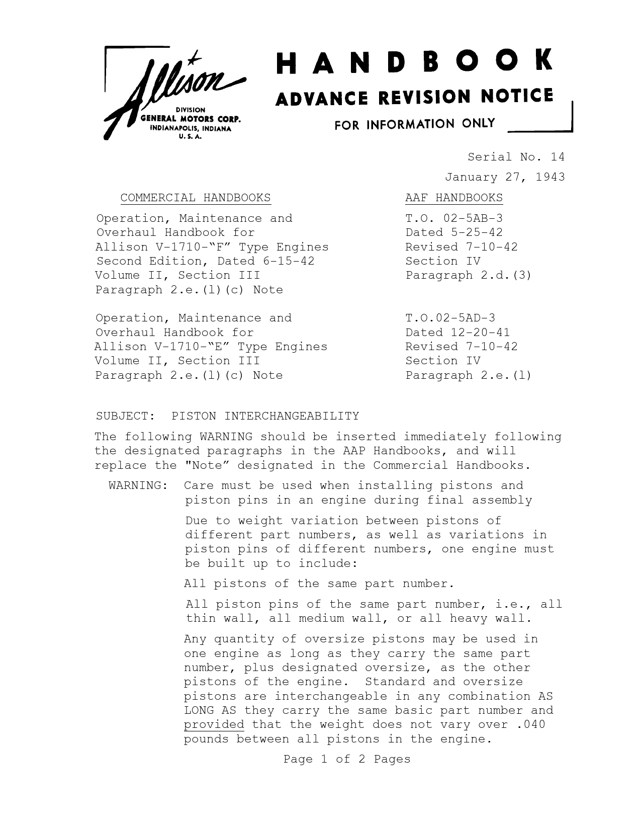 Sample page 1 from AirCorps Library document: Piston Interchangeability