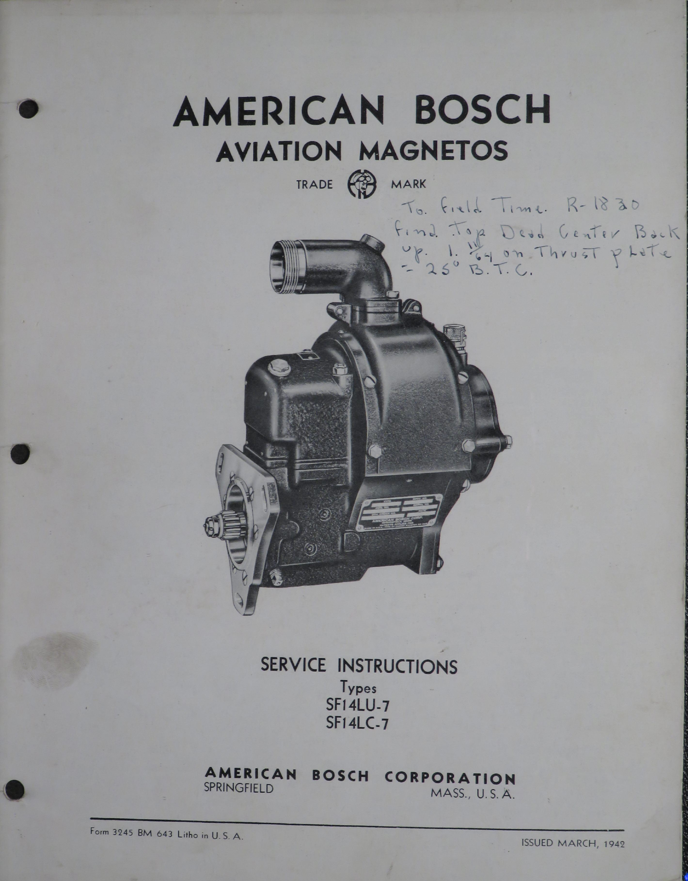 Sample page 1 from AirCorps Library document: Service Instructions for American Bosch Aviation Magnetos - Types SF14LU-7 and SF14LC-7