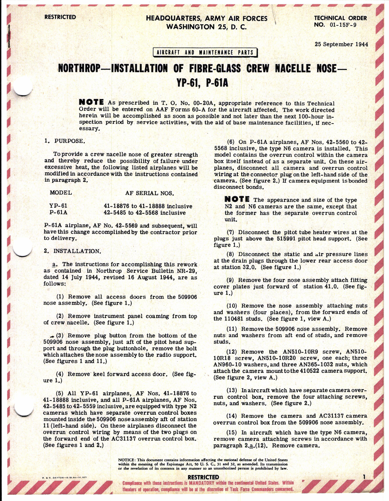 Sample page 1 from AirCorps Library document: Northrop - Installation of Fibre-Glass Cres Nacelle Nose for YP-61 and P-61A