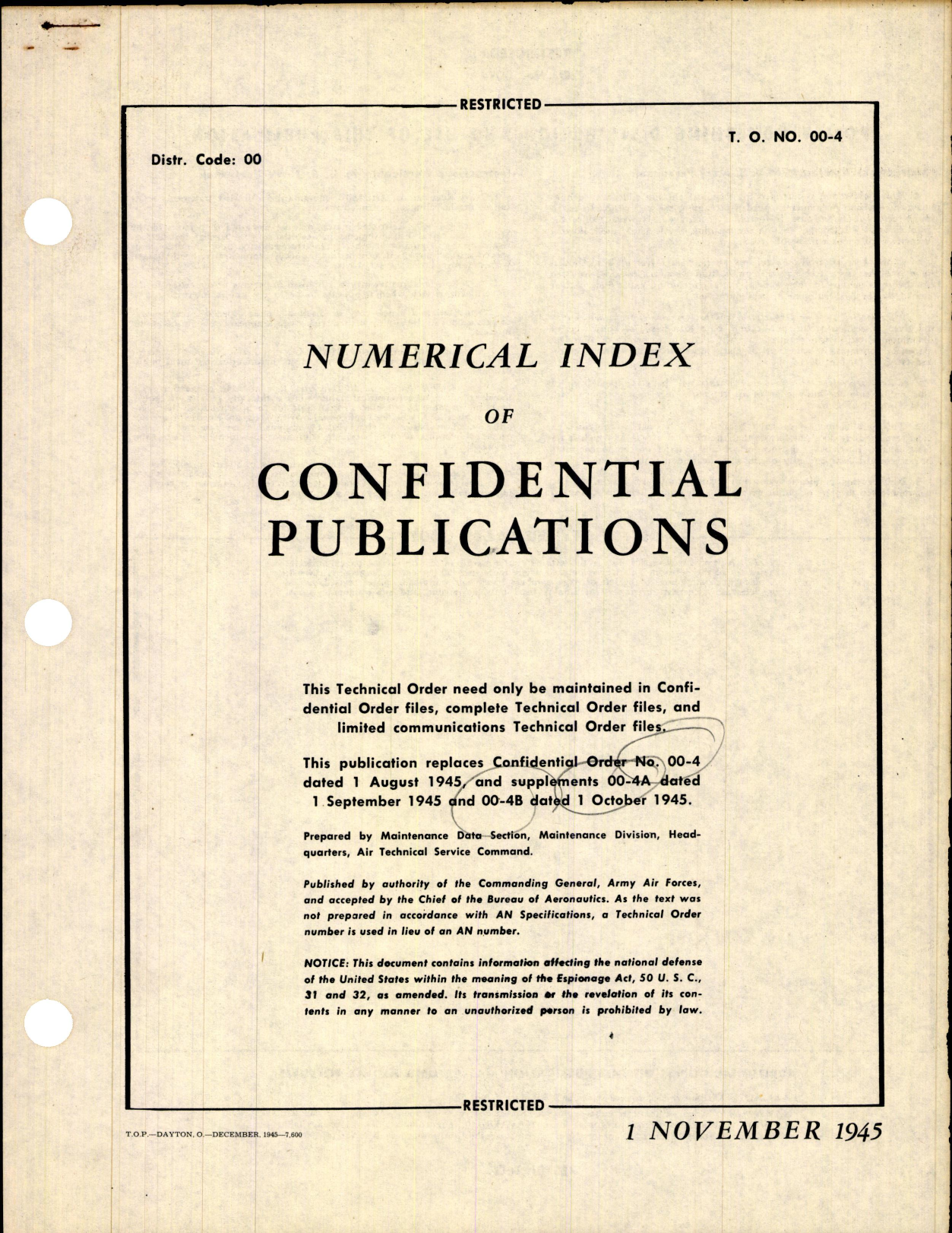 Sample page 1 from AirCorps Library document: Numerical Index of Confidential Publications