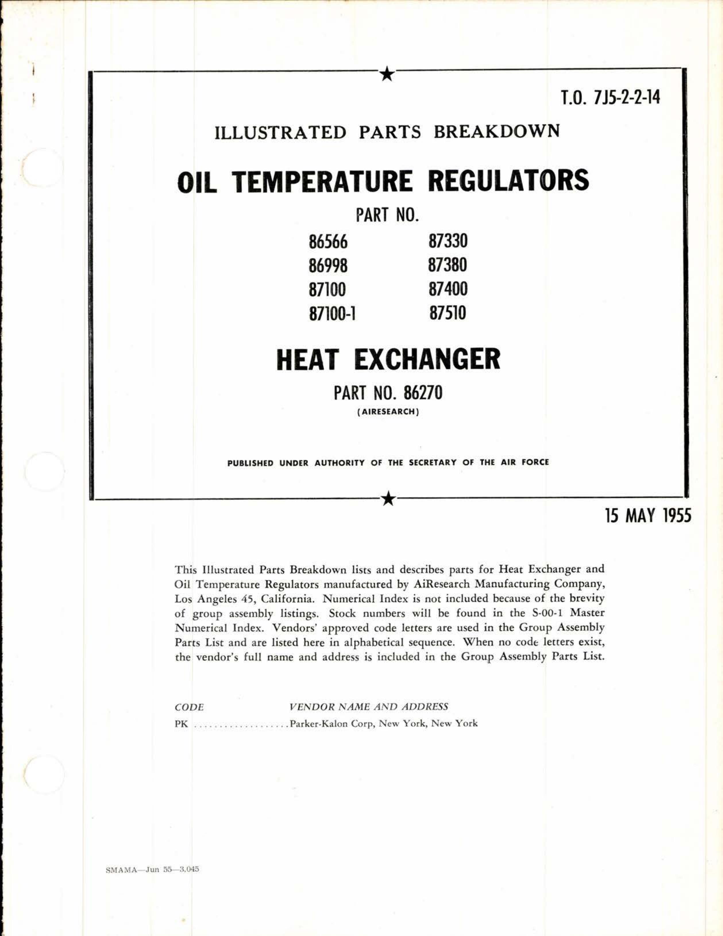 Sample page 1 from AirCorps Library document: Illustrated Parts Breakdown for Oil Temperature Regulators & Heat Exchanger