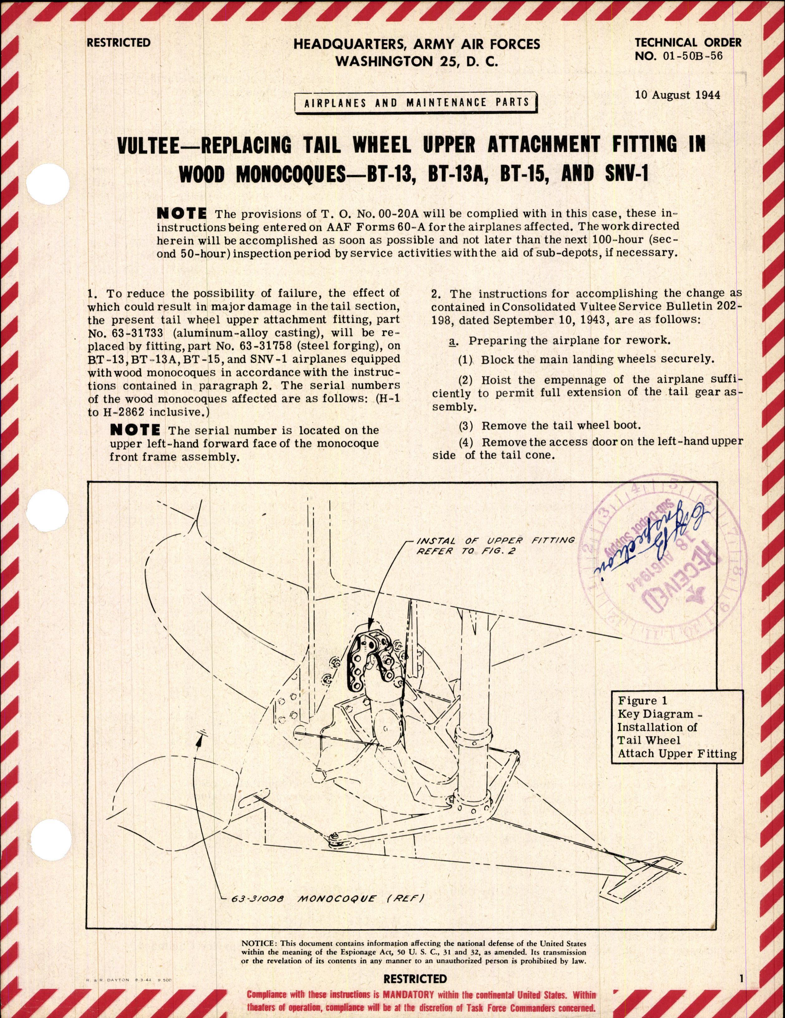 Sample page 1 from AirCorps Library document: Replacing Tail Wheel Upper Attachment Fitting in Wood Monocoques - BT-13, BT-13A, BT-15, and SNV-1
