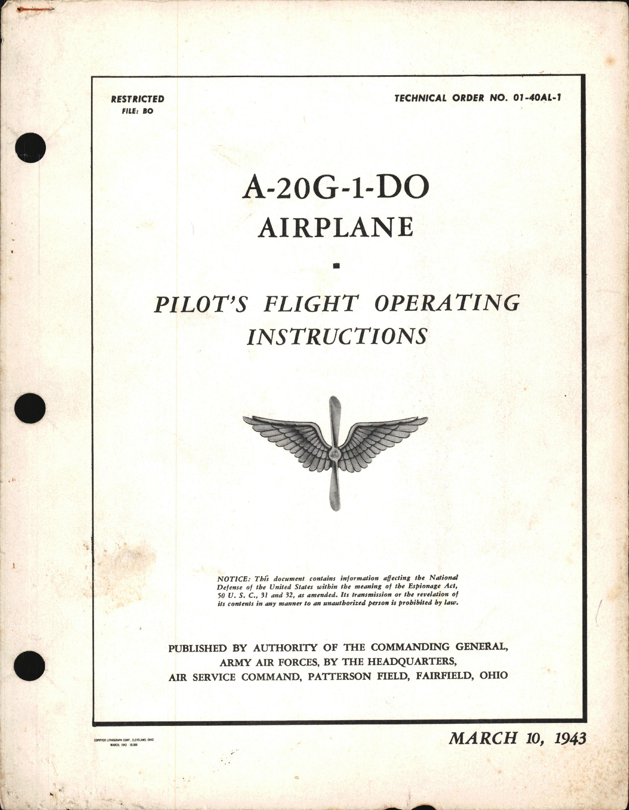 Sample page 1 from AirCorps Library document: Pilot's Flight Operating Instructions for A-20G-1-DO
