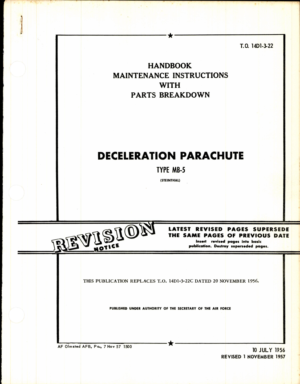 Sample page 1 from AirCorps Library document: Maintenance Instructions with Parts Breakdown for Deceleration Parachute Type MB-5