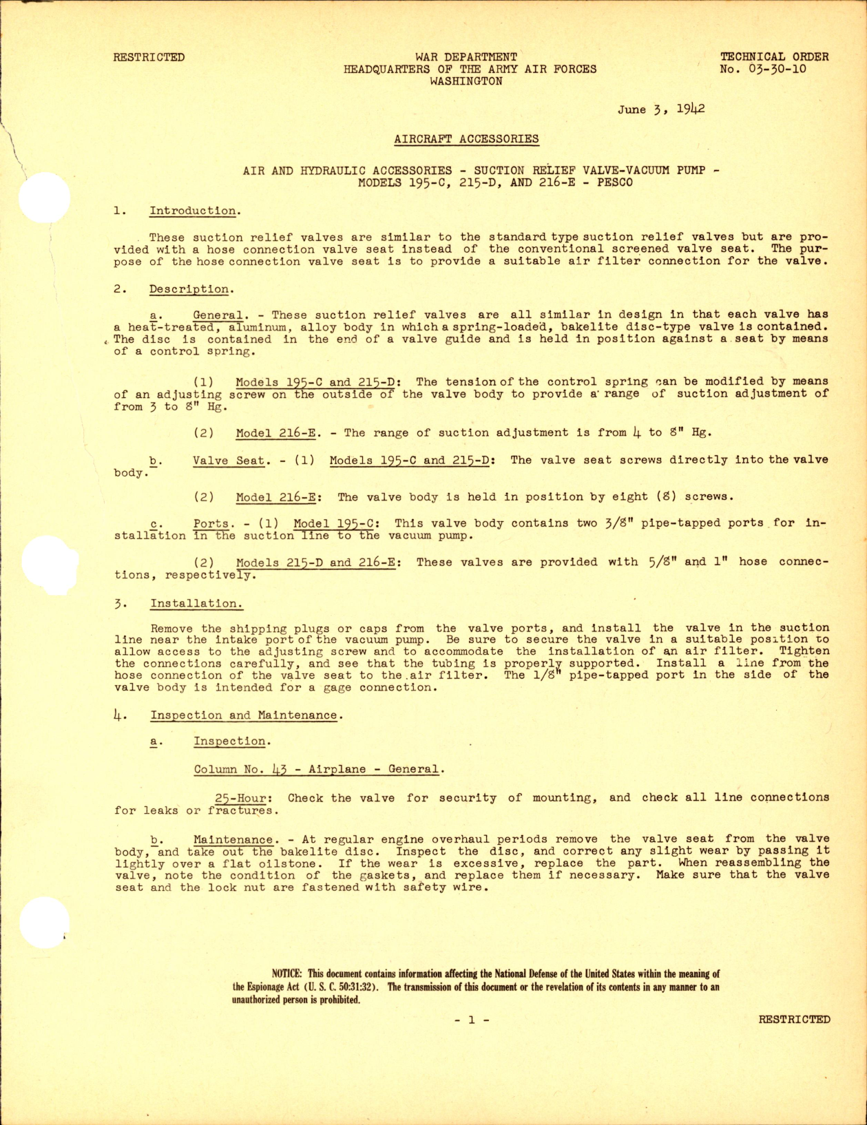 Sample page 1 from AirCorps Library document: Suction Relief Valve Vacuum Pump for Models 195-C, 215-D, and 216-E 