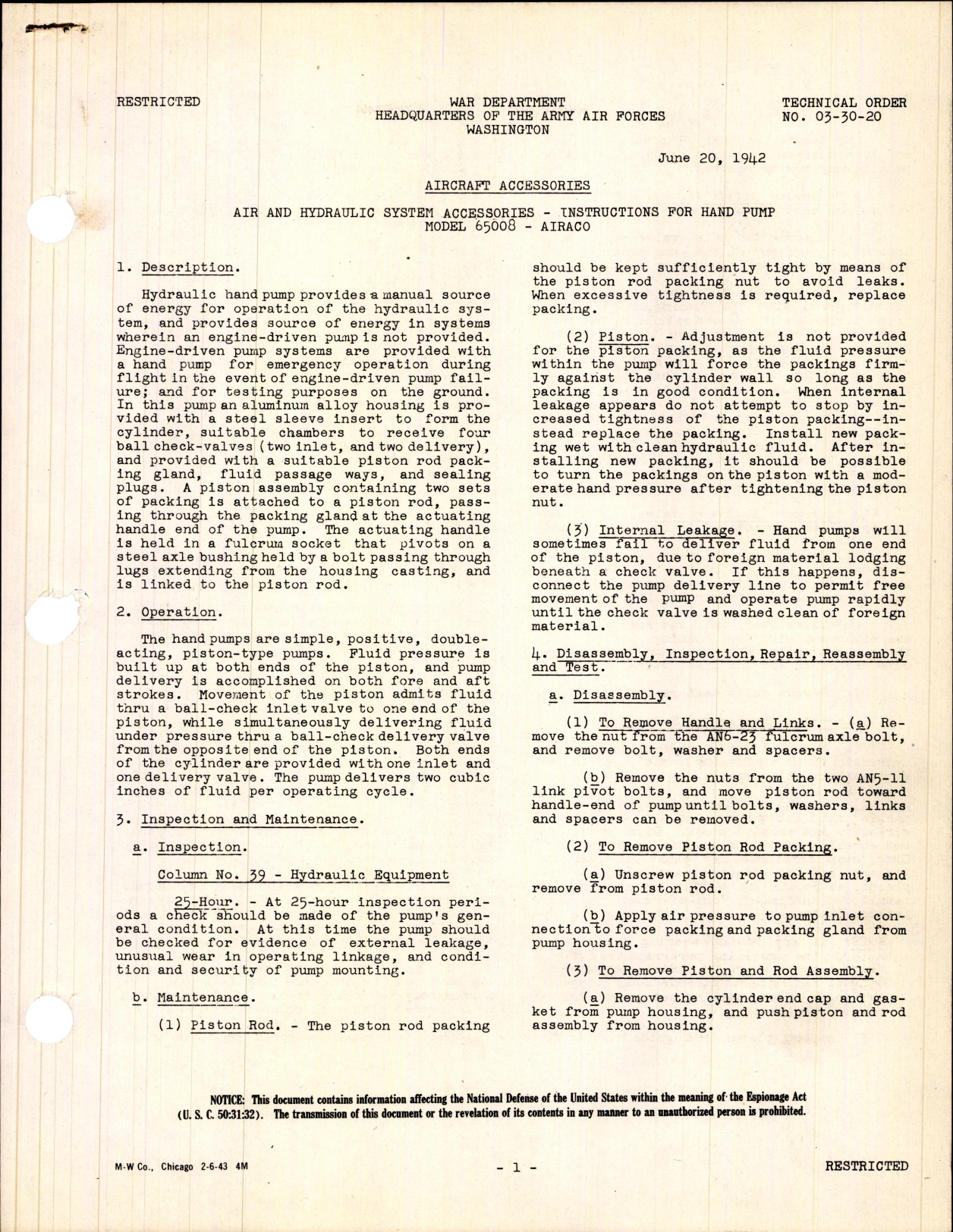 Sample page 1 from AirCorps Library document: Instructions for Hand Pump Model 65008 