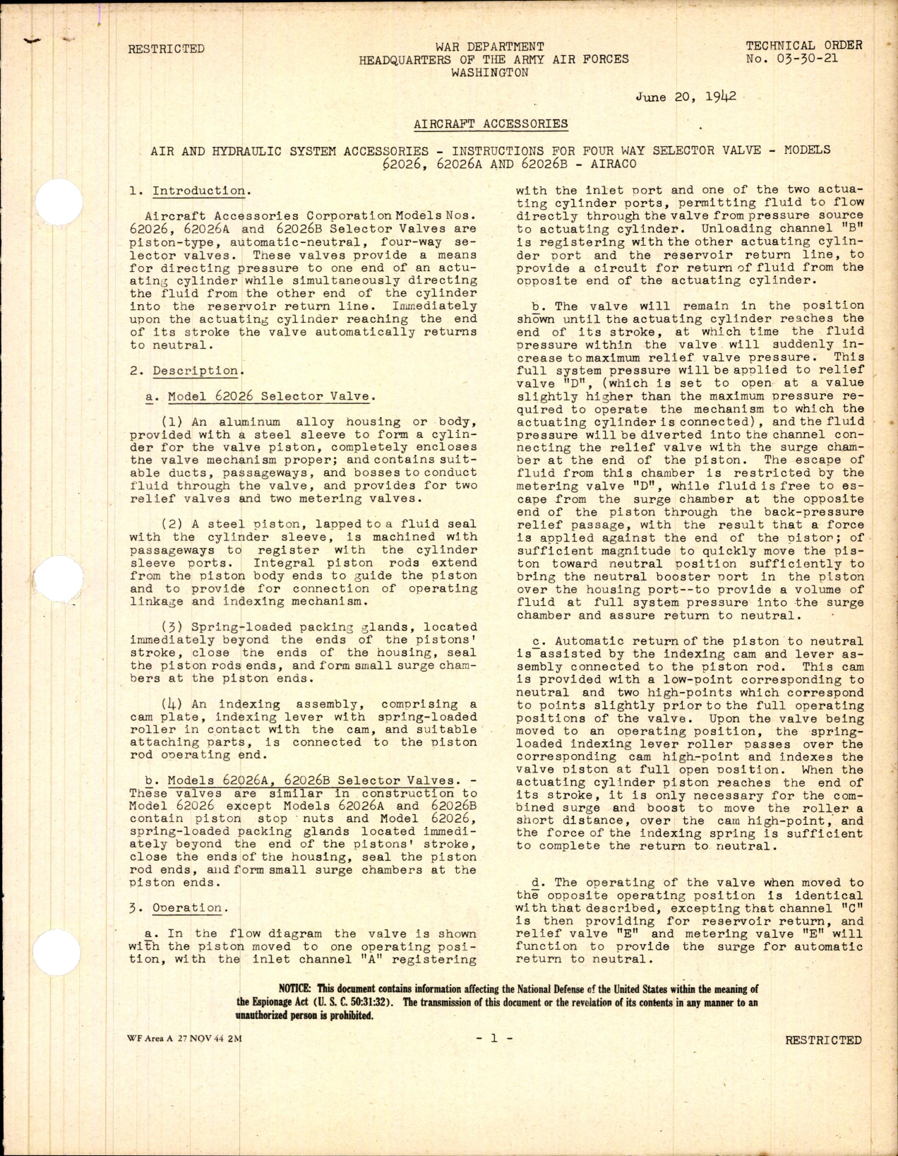 Sample page 1 from AirCorps Library document: Instructions for Four Way Selector Valve for Models 62026, 62026A, and 62026B 