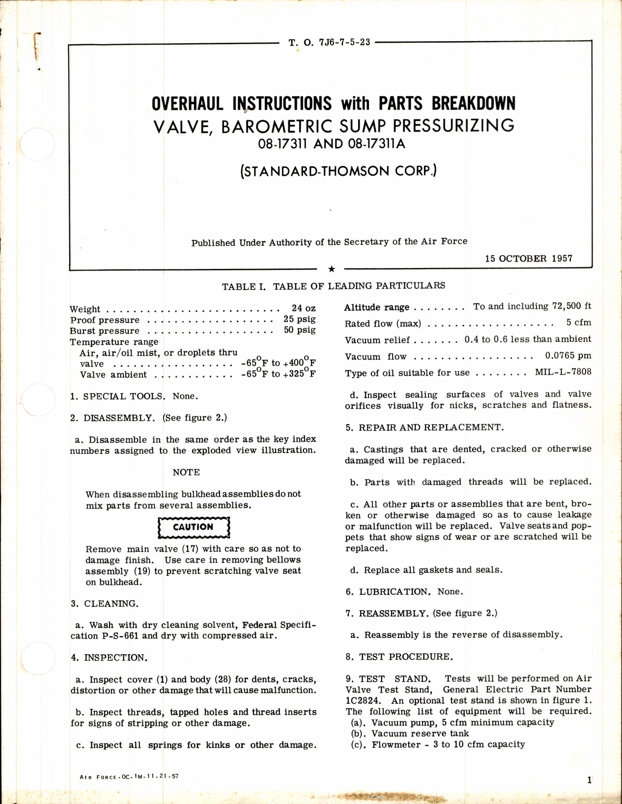 Sample page 1 from AirCorps Library document: Overhaul Instructions with Parts for Valve, Barometric Sump Pressurizing