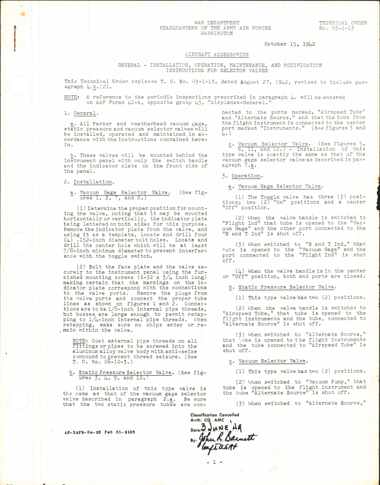 Sample page 1 from AirCorps Library document: General - Installation, Operation, Maintenance, and Modification Instructions for Selector Valves