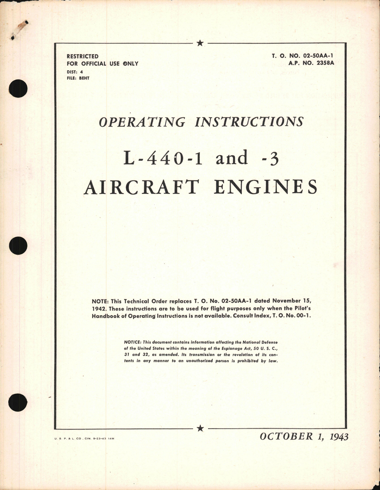 Sample page 1 from AirCorps Library document: Operating Instructions for L-440-1 and L-440-3 Engines