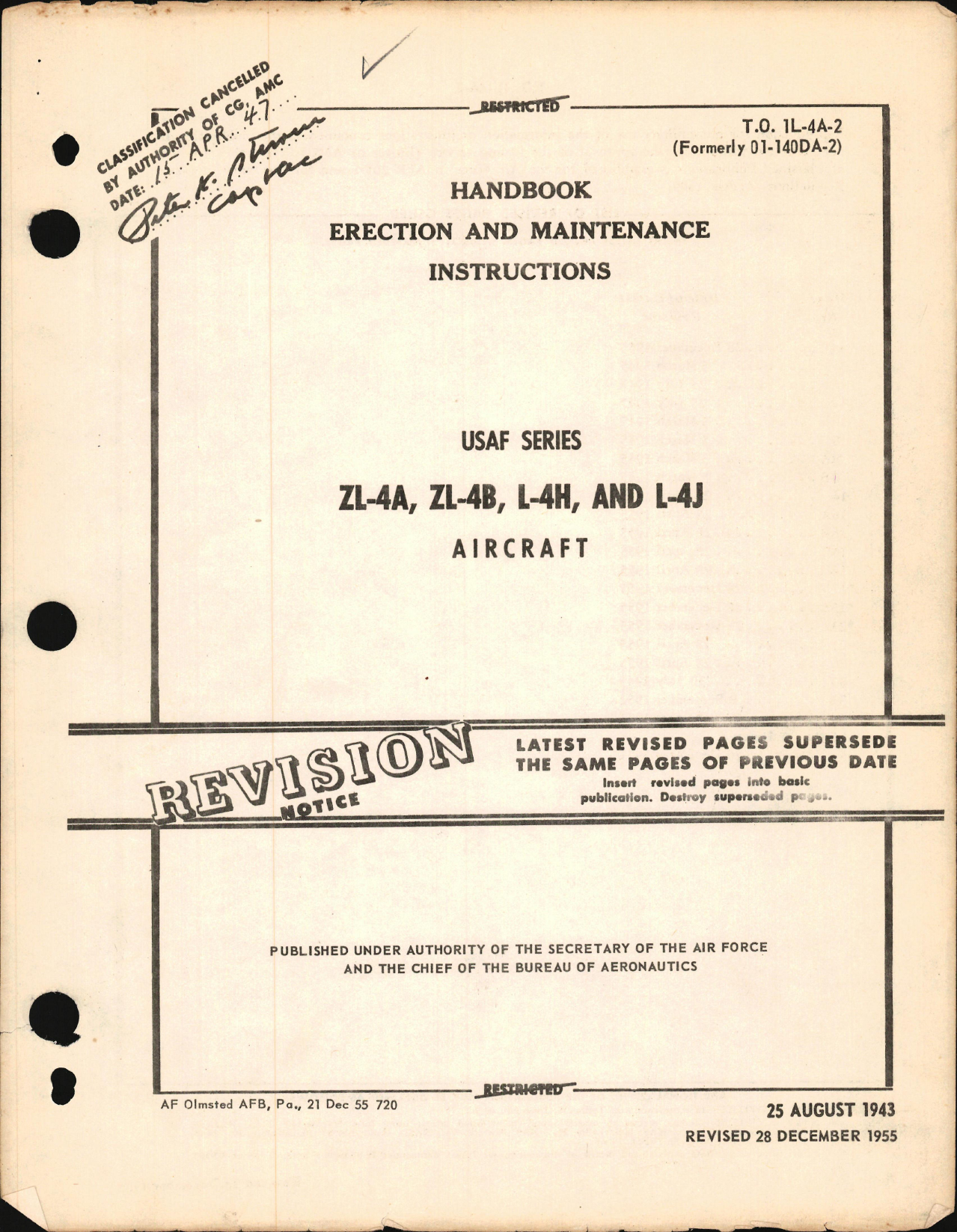 Sample page 1 from AirCorps Library document: Erection and Maintenance Instructions for ZL-4A, -4B, L-4H, and -4J