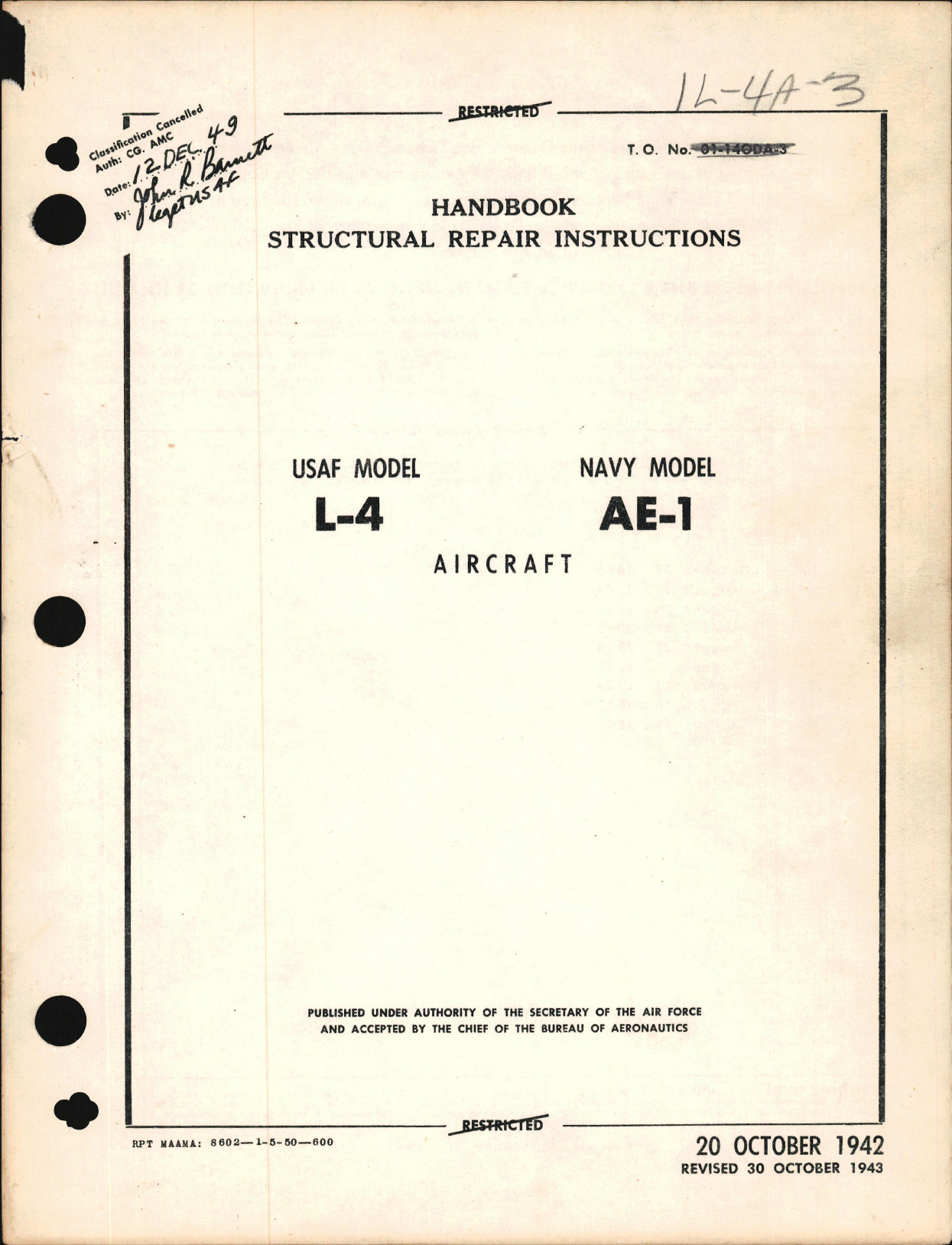 Sample page 1 from AirCorps Library document: Structural Repair Instructions for L-4 and AE-1