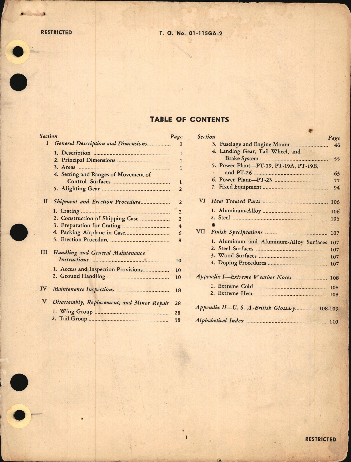 Sample page 1 from AirCorps Library document: Erection and Maintenance Instructions for PT-19 Series