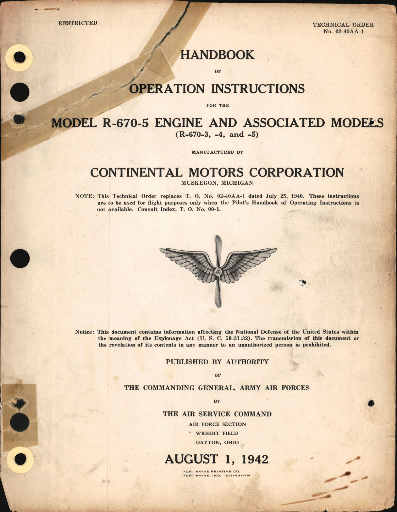 Sample page 1 from AirCorps Library document: Operation Instructions for R-670-5 Engine & Associated Models