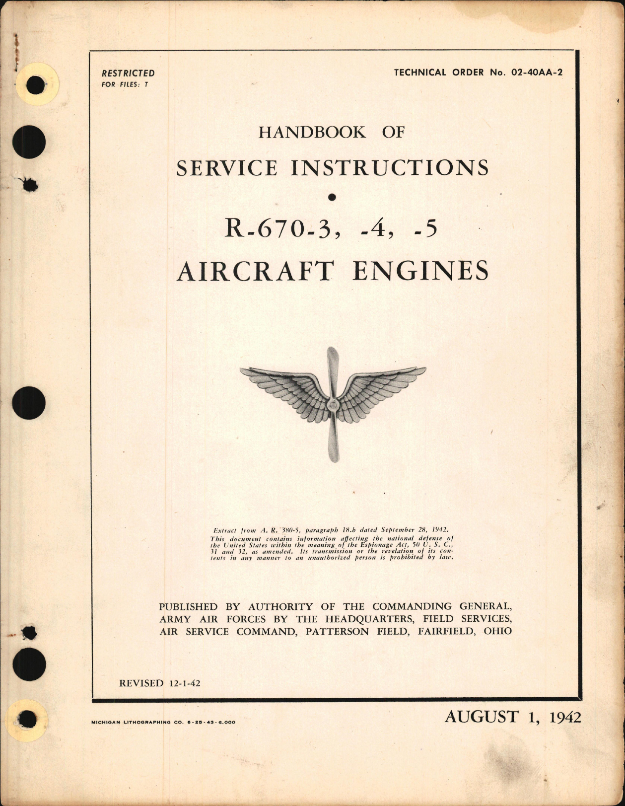 Sample page 1 from AirCorps Library document: Service Instructions for R-670-3, R-670-4, and R-670-5 Engines