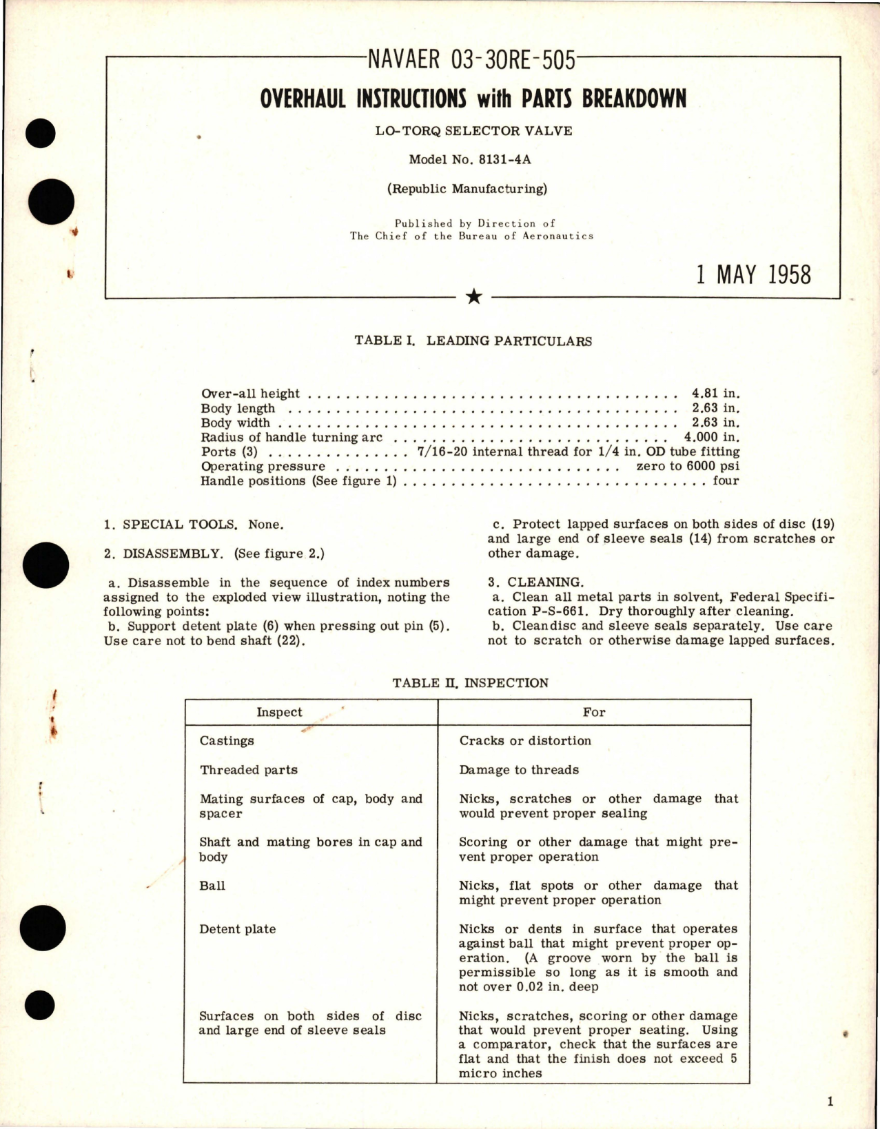 Sample page 1 from AirCorps Library document: Overhaul Instructions with Parts Breakdown for LO-TORQ Selector Valve - Model 8131-4A