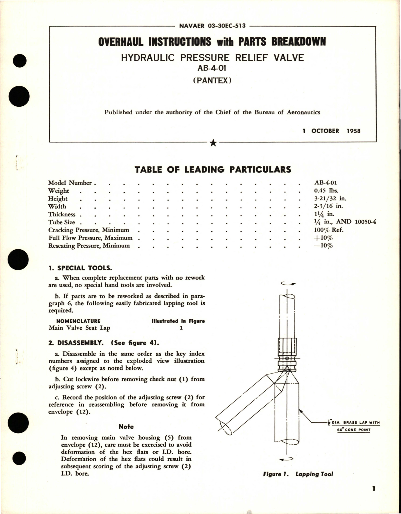 Sample page 1 from AirCorps Library document: Overhaul Instructions with Parts Breakdown for Hydraulic Pressure Relief Valve - AB-4-01