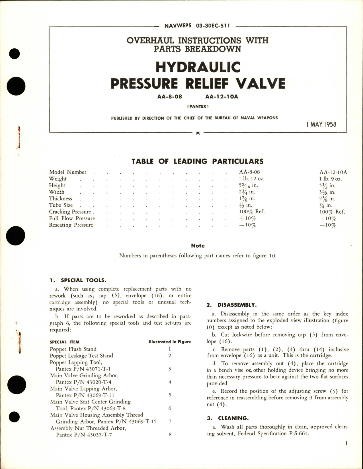 Sample page 1 from AirCorps Library document: Overhaul Instructions with Parts Breakdown for Hydraulic Pressure Relief Valve - AA-8-08 and AA-12-10A 