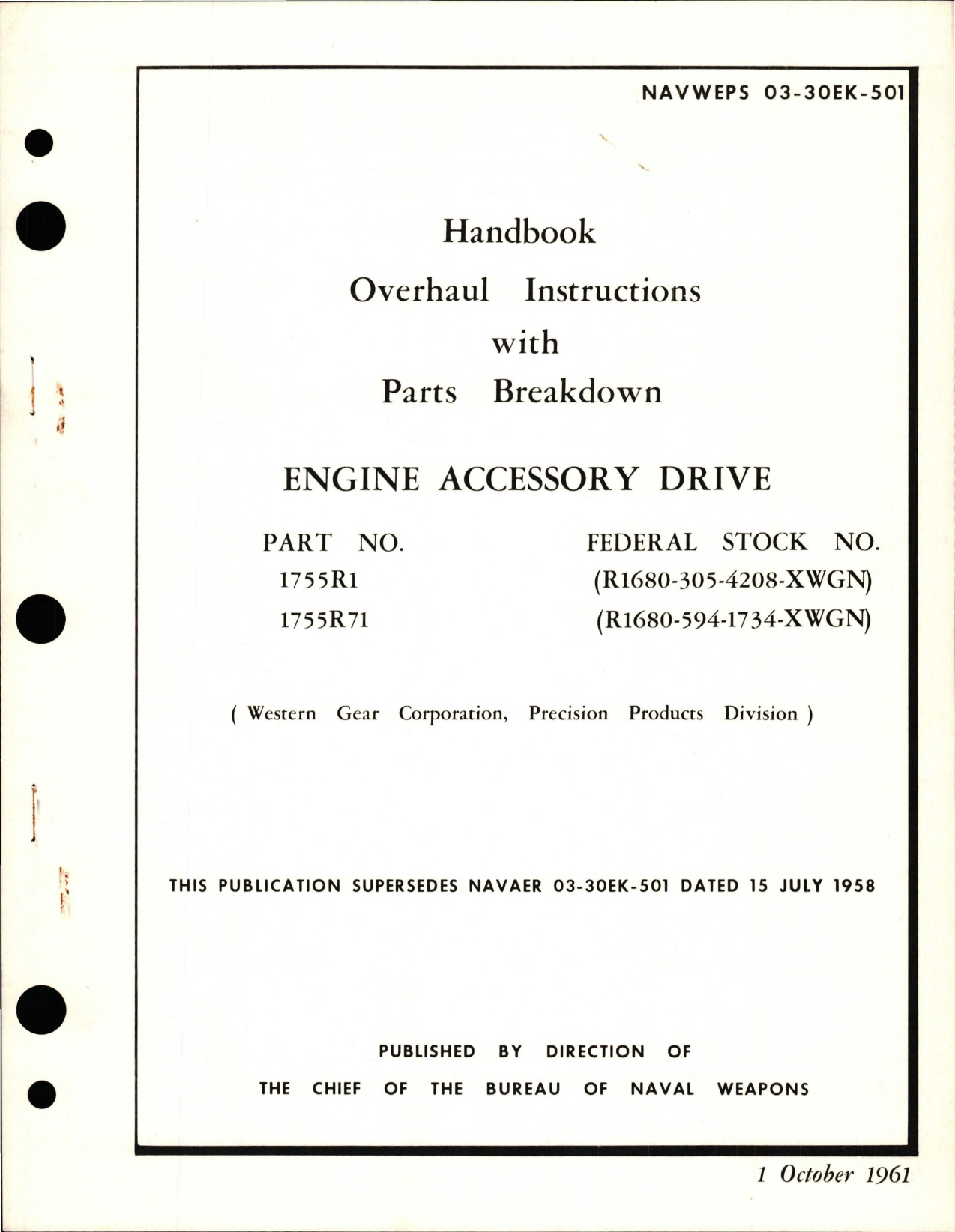 Sample page 1 from AirCorps Library document: Overhaul Instructions with Parts Breakdown for Engine Accessory Drive - Part 1755R1 and 1755R71