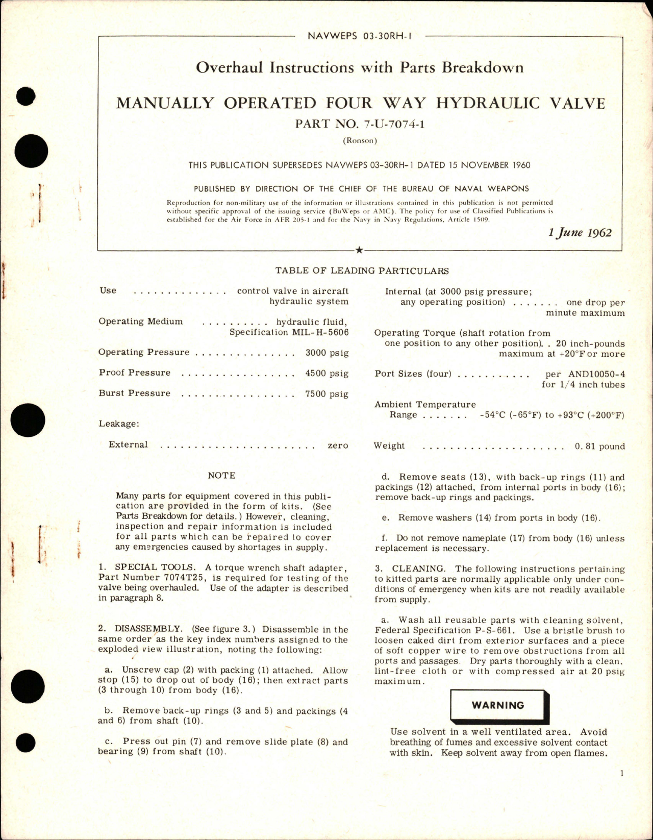 Sample page 1 from AirCorps Library document: Overhaul Instructions with Parts Breakdown for Manually Operated Four Way Hydraulic Valve - Part 7-U-7074-1