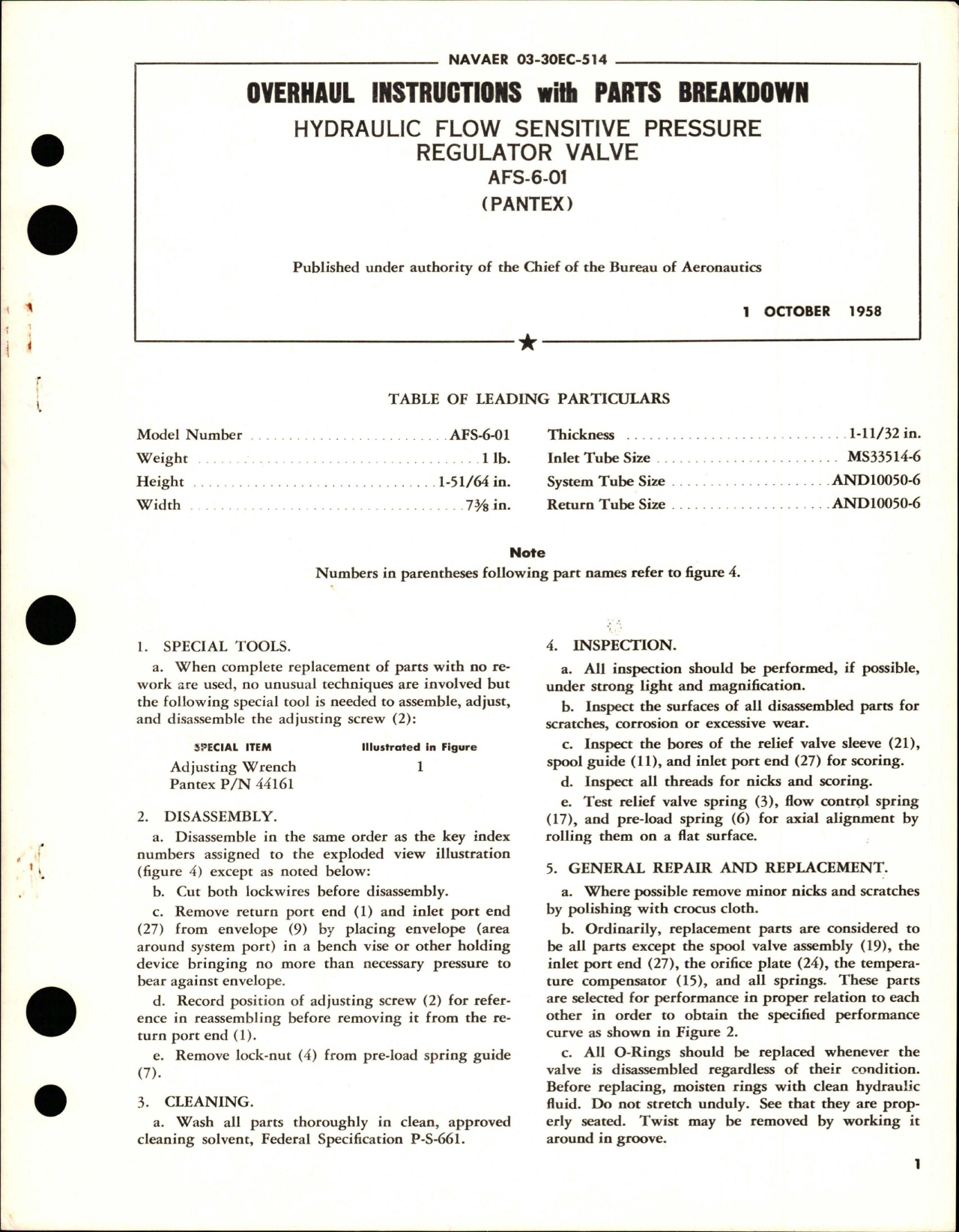 Sample page 1 from AirCorps Library document: Overhaul Instructions with Parts Breakdown for Hydraulic Flow Sensitive Pressure Regulator Valve - AFS-6-01