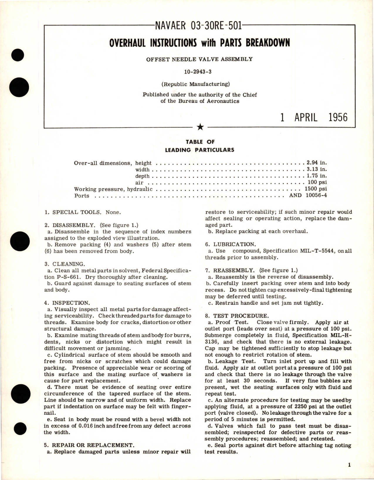 Sample page 1 from AirCorps Library document: Overhaul Instructions with Parts Breakdown for Offset Needle Valve Assembly - 10-2943-3