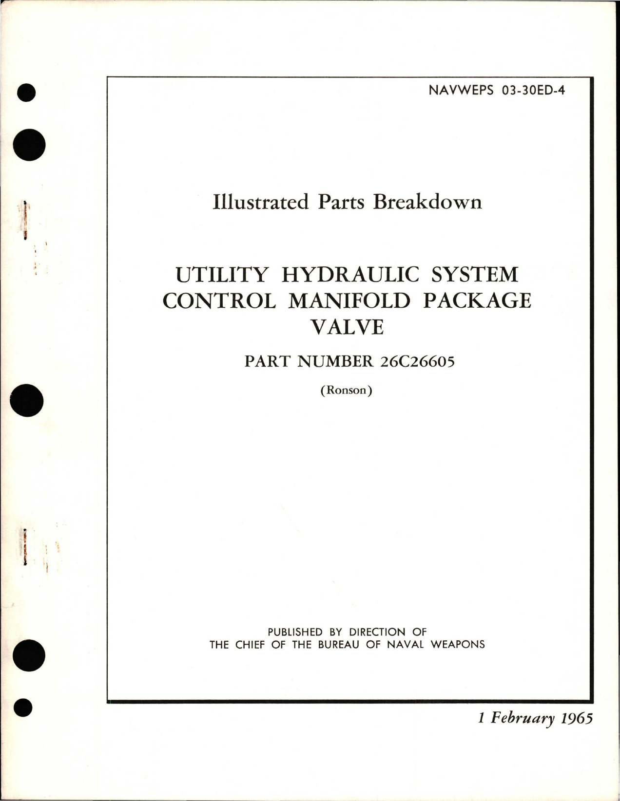 Sample page 1 from AirCorps Library document: Illustrated Parts Breakdown for Utility Hydraulic System Control Manifold Package Valve - Part 26C26605