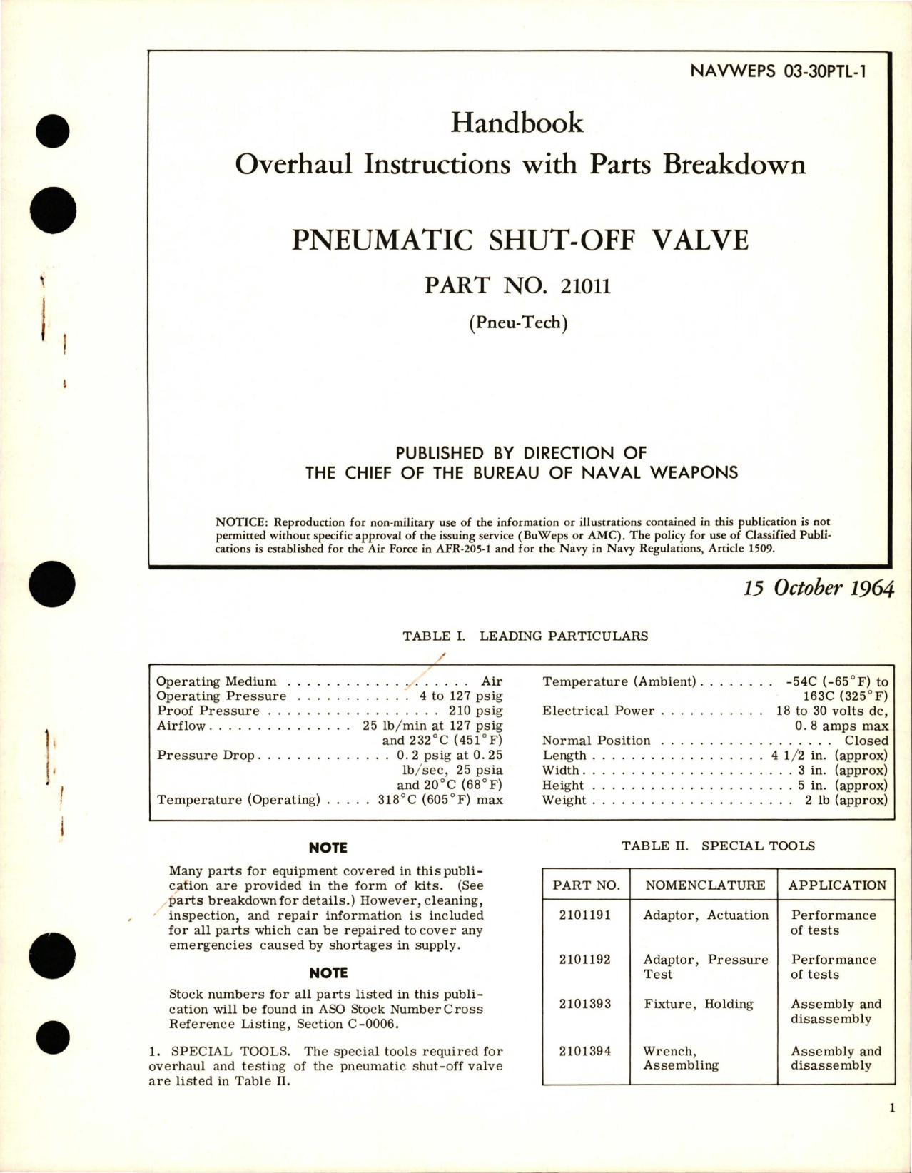 Sample page 1 from AirCorps Library document: Overhaul Instructions with Parts Breakdown for Pneumatic Shut-Off Valve - Part 21011