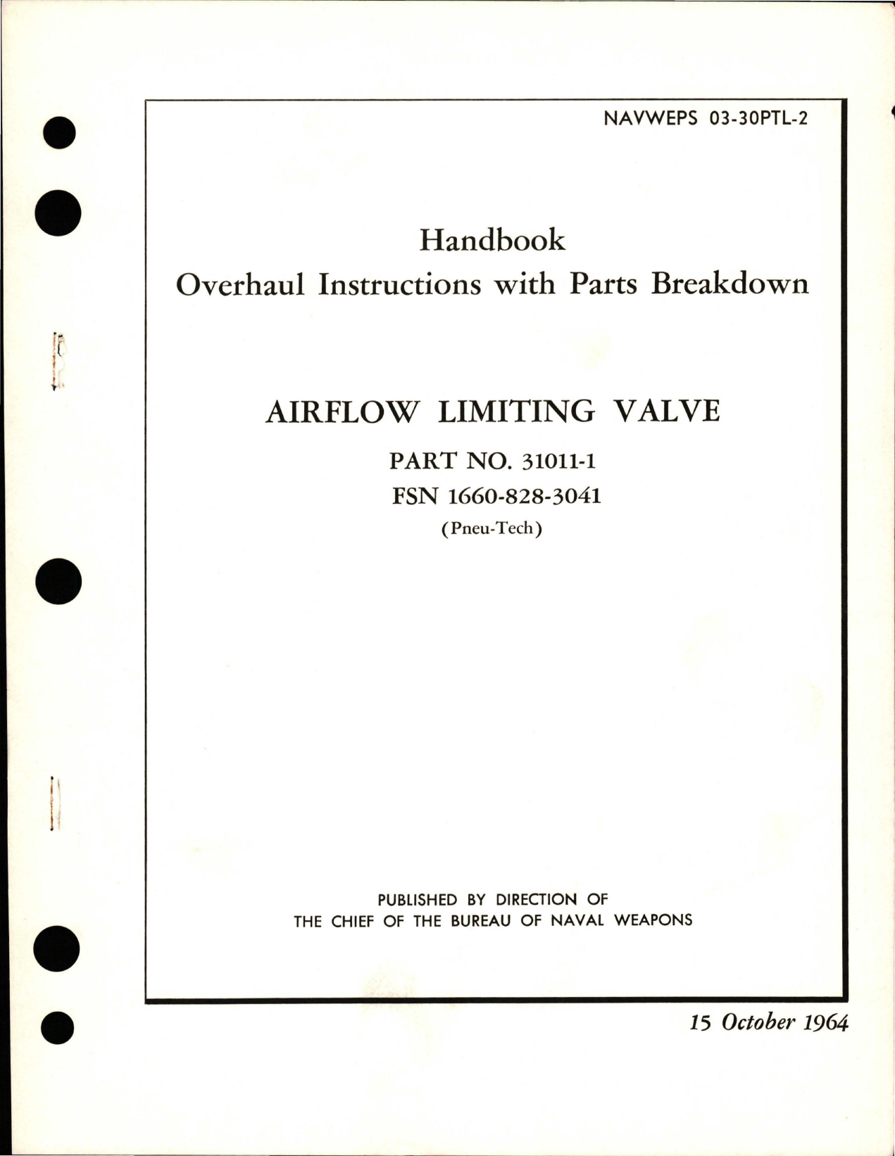 Sample page 1 from AirCorps Library document: Overhaul Instructions with Parts Breakdown for Airflow Limiting Valve - Part 31011-1