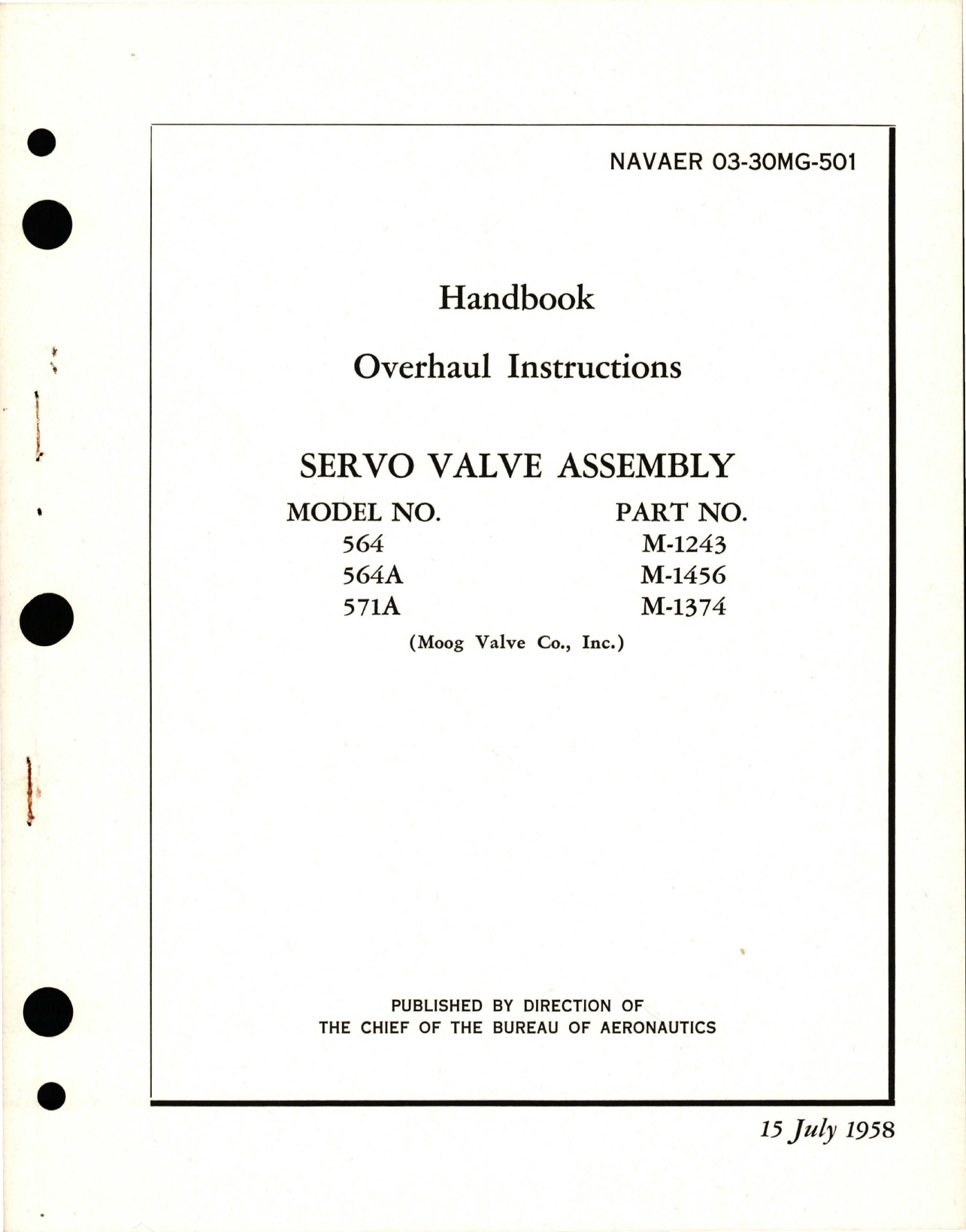 Sample page 1 from AirCorps Library document: Overhaul Instructions for Servo Valve Assembly - Model 564, 564A, and 571A