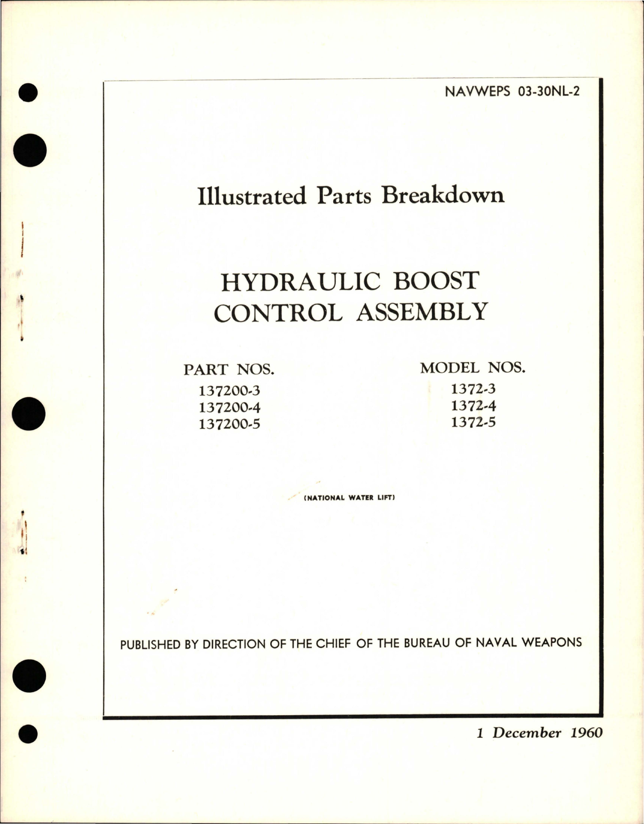 Sample page 1 from AirCorps Library document: Illustrated Parts Breakdown for Hydraulic Boost Control Assembly - Parts 137200-3, 137200-4, and 137200-5